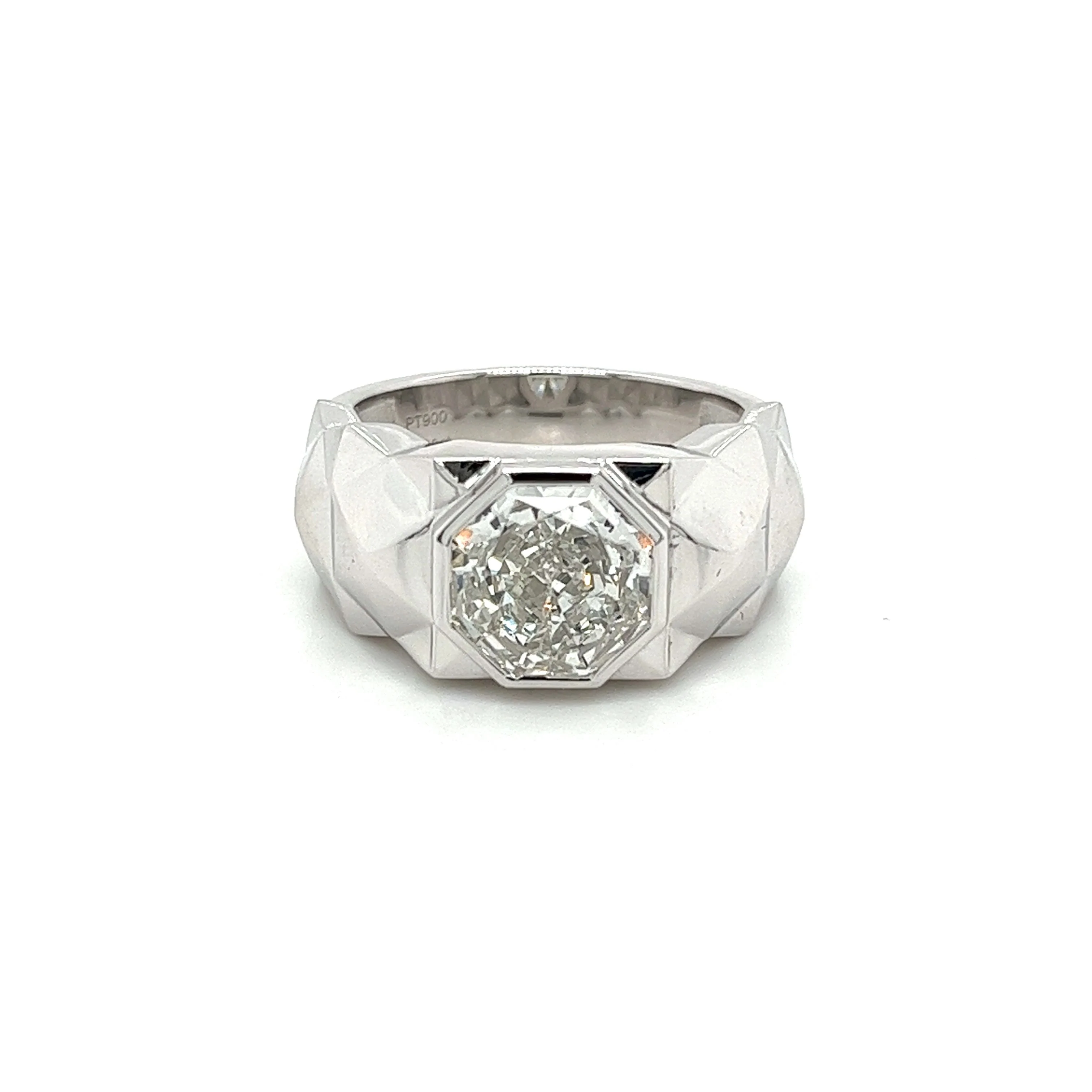 4 Carat Octagon Cut Lab Grown Diamond Bezel Set Mens Ring In Platinum - Image 4