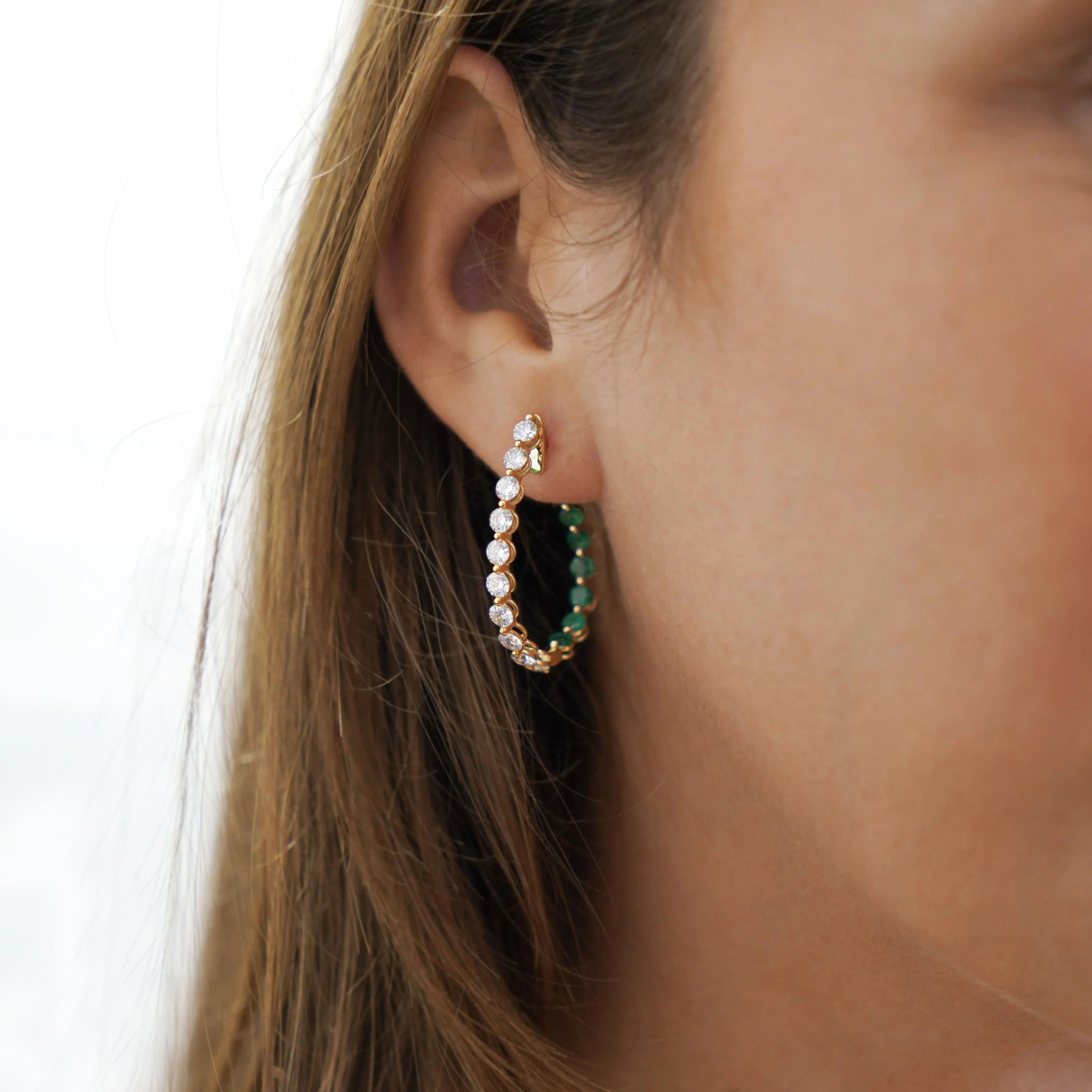 4 Carat Lab Diamond & Emerald 14K Gold Inside-Out Hoop Earrings - Image 3