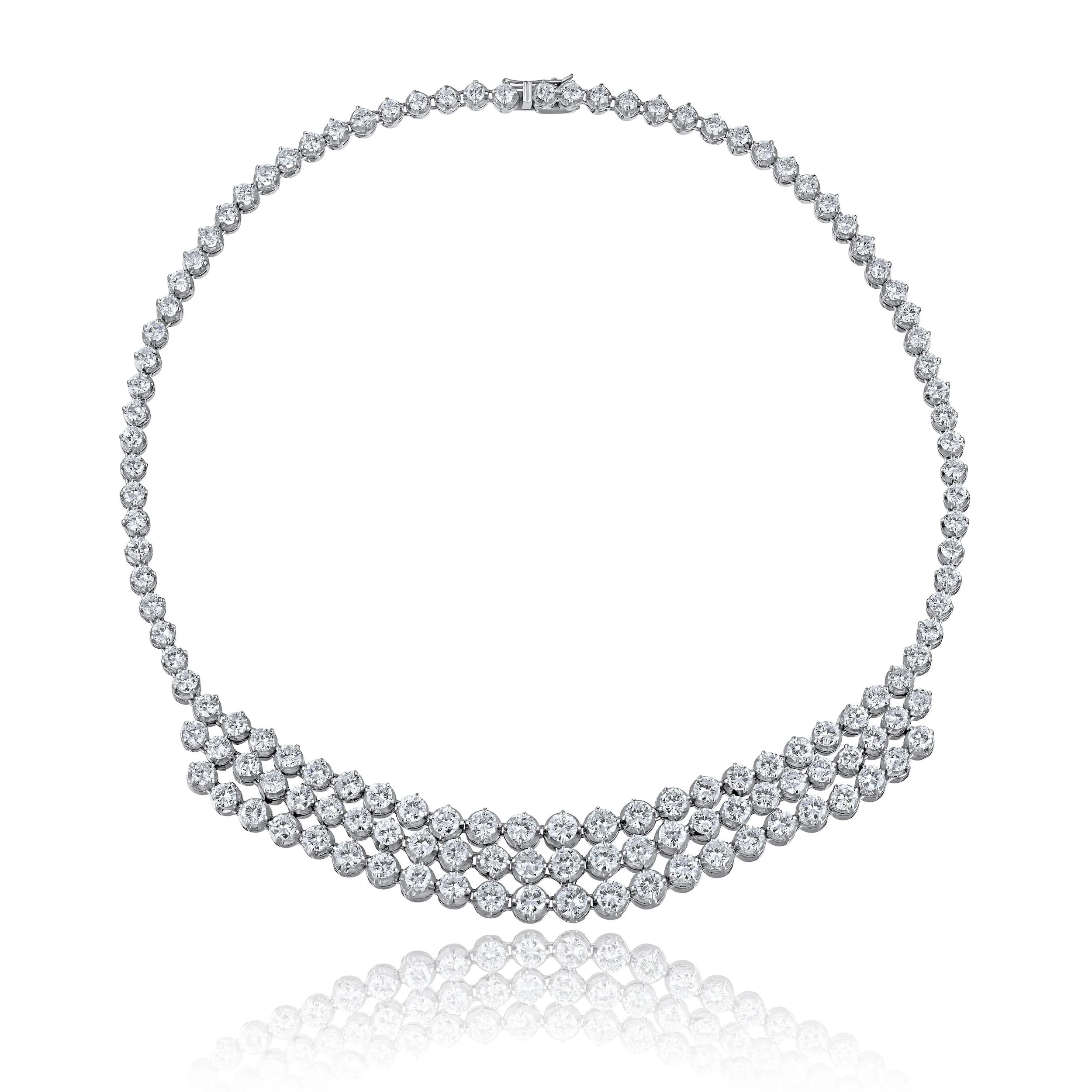 40 Carat Round Cut Diamond Platinum 3 Row Chandelier Necklace