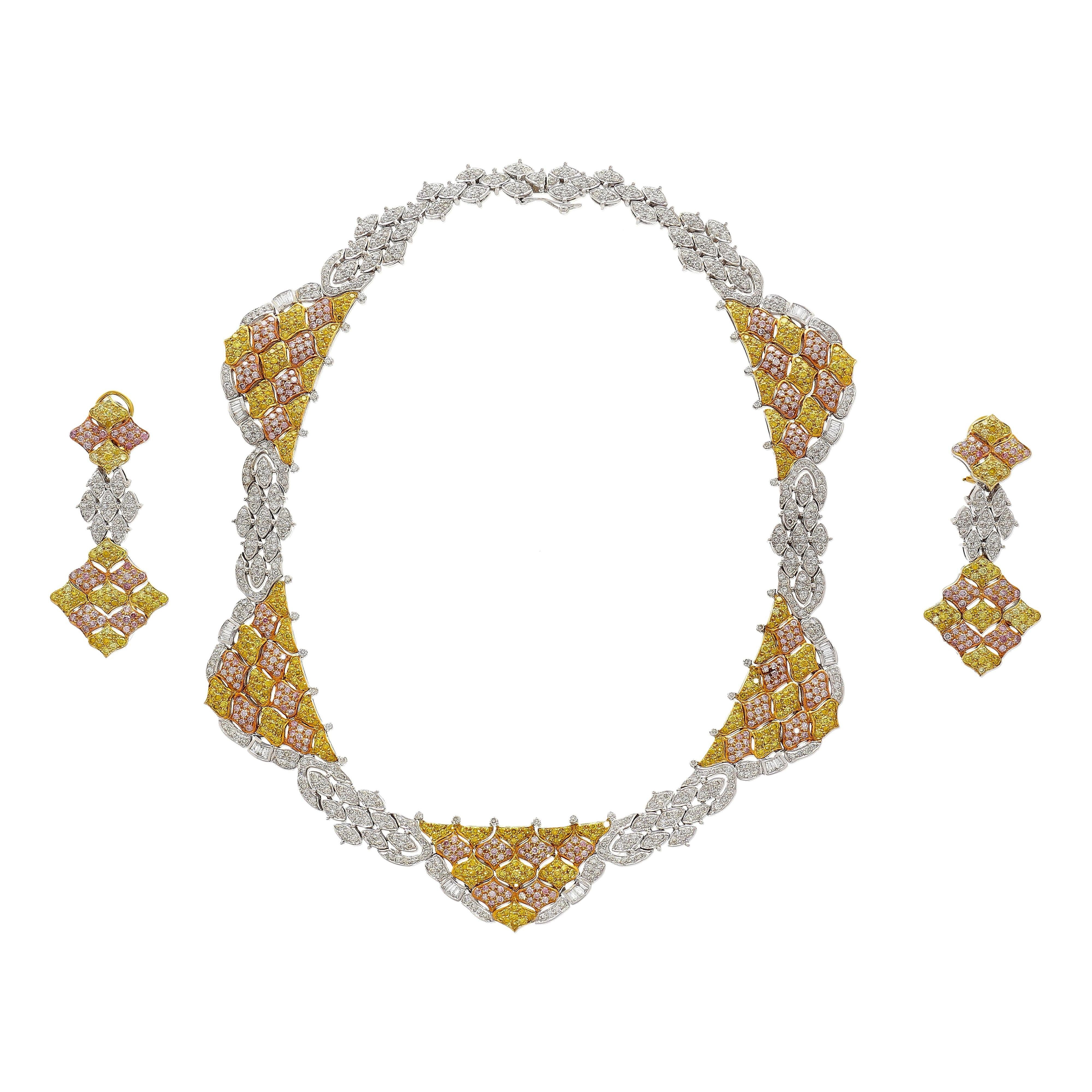 43 Carat 3 Tone Gold & Diamond Pave Necklace and Earring Set - Image 5
