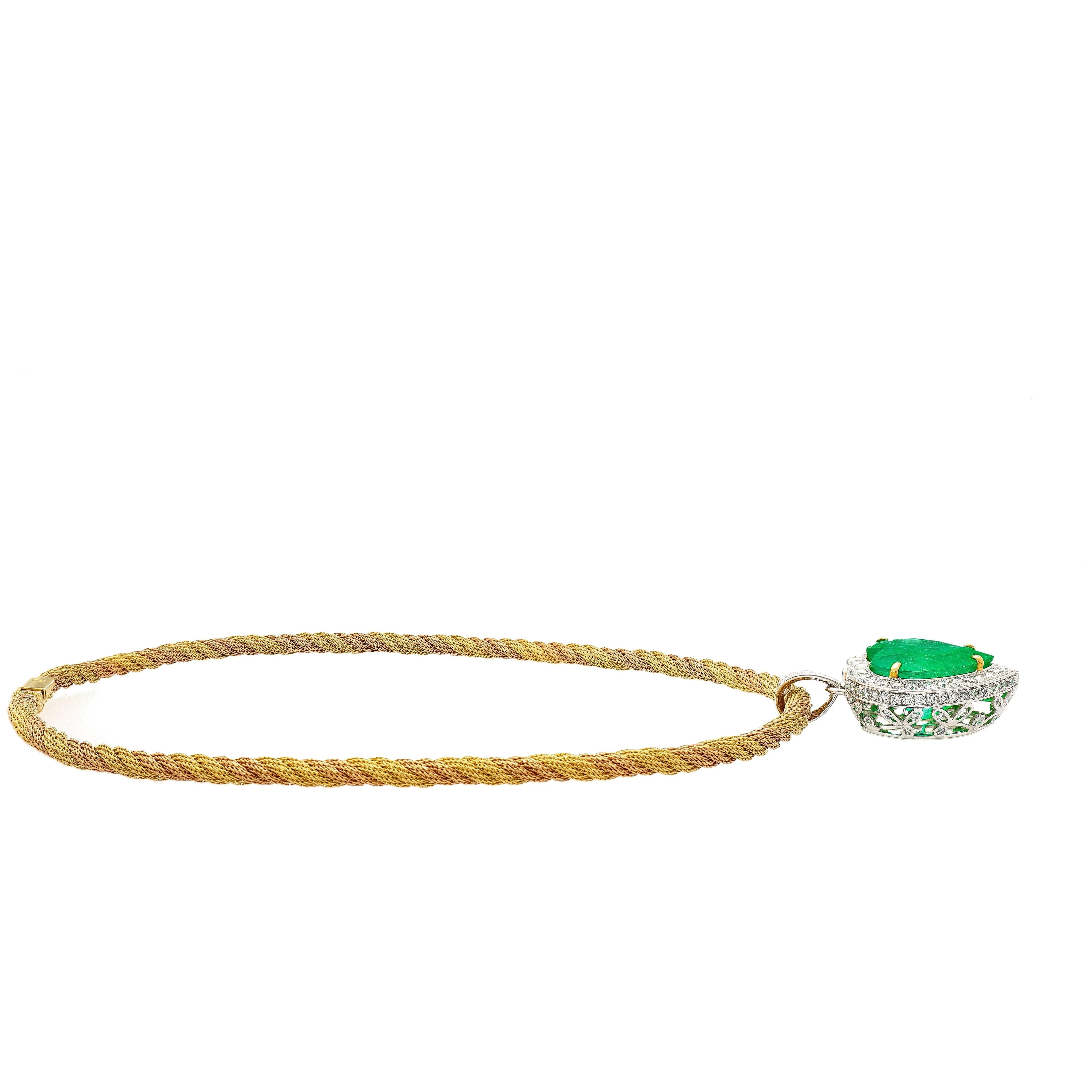 44 Carat Heart Shaped Emerald Pendant with Round Cut Diamond Halo in 18K Gold Necklace - Image 2