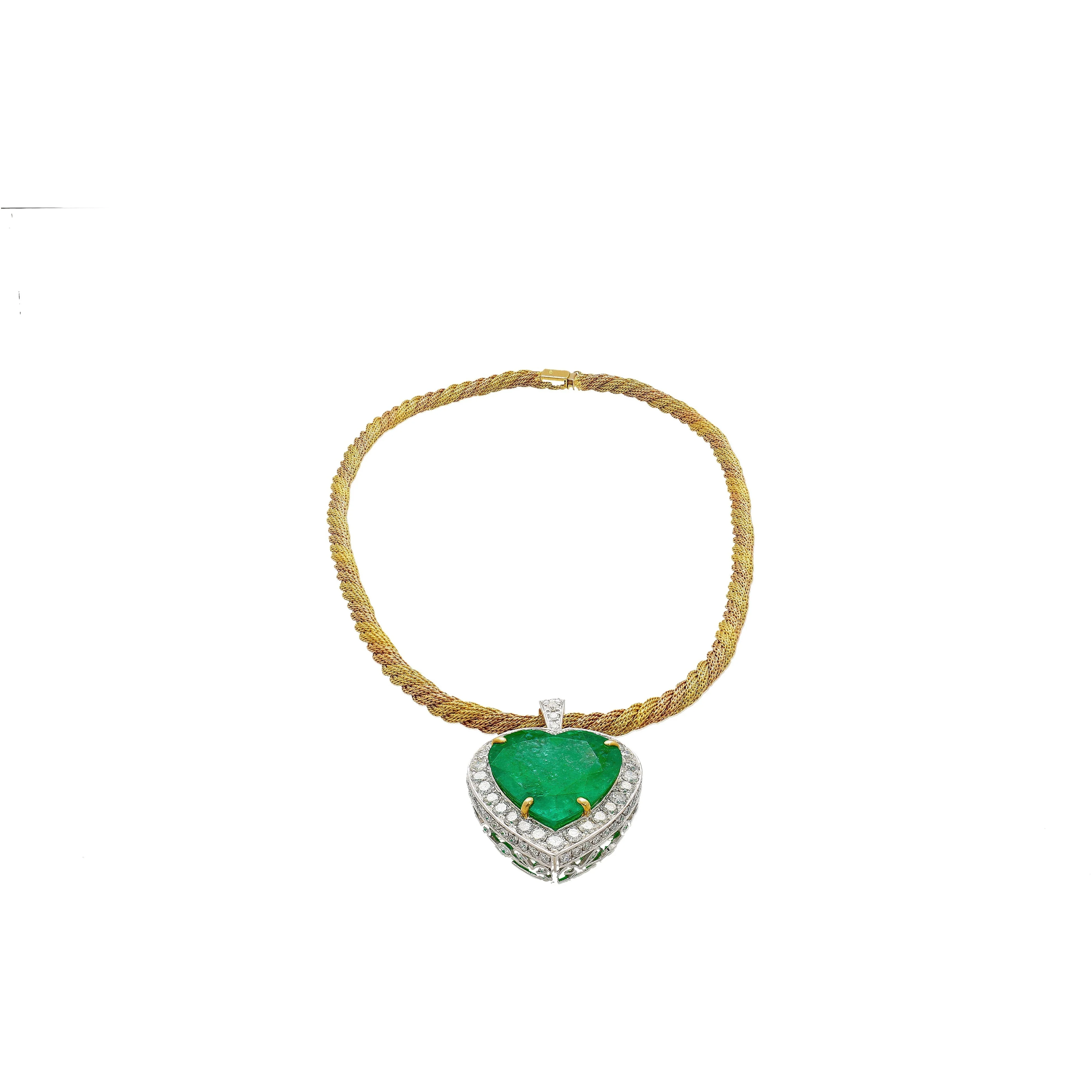 44 Carat Heart Shaped Emerald Pendant with Round Cut Diamond Halo in 18K Gold Necklace - Image 4