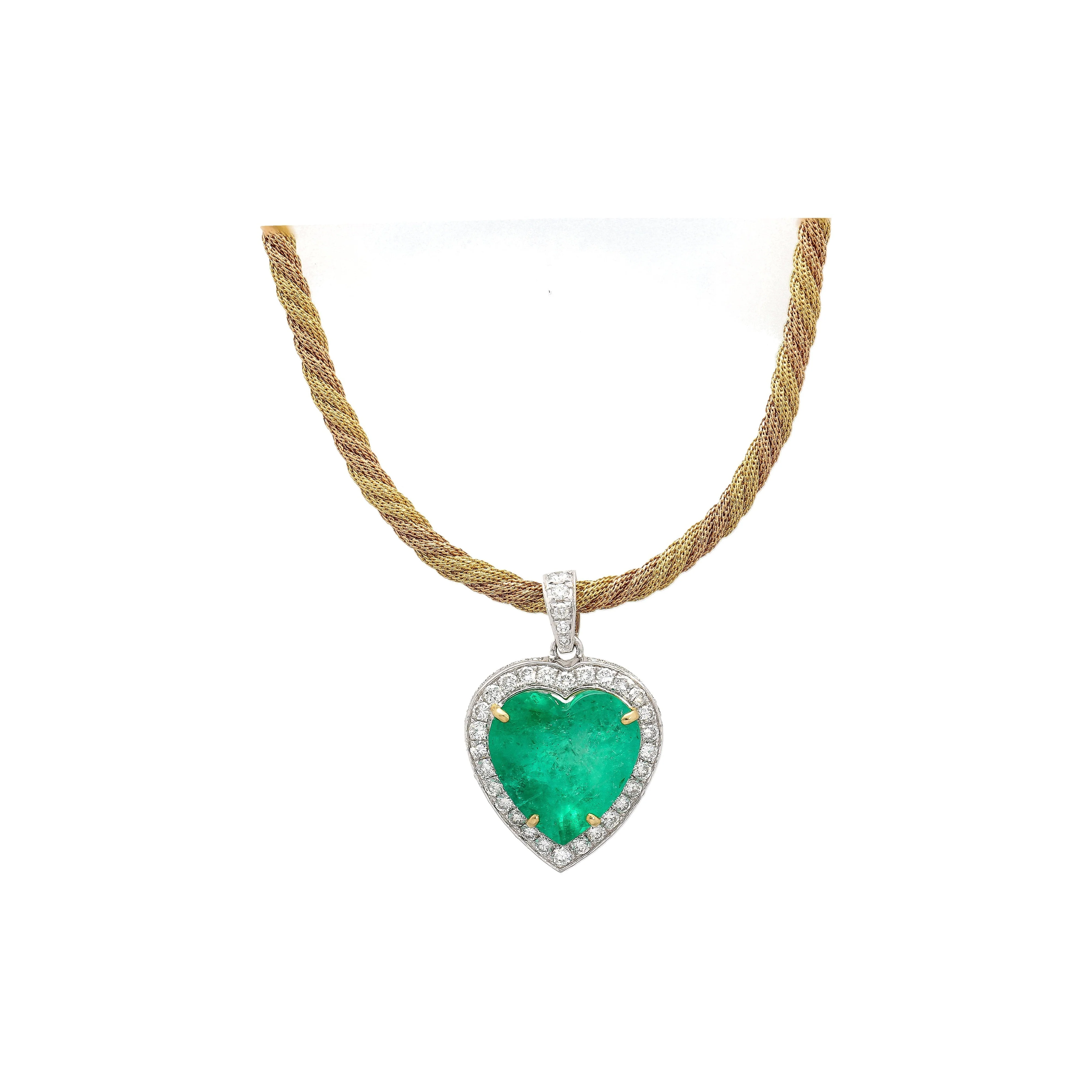 44 Carat Heart Shaped Emerald Pendant with Round Cut Diamond Halo in 18K Gold Necklace - Image 5