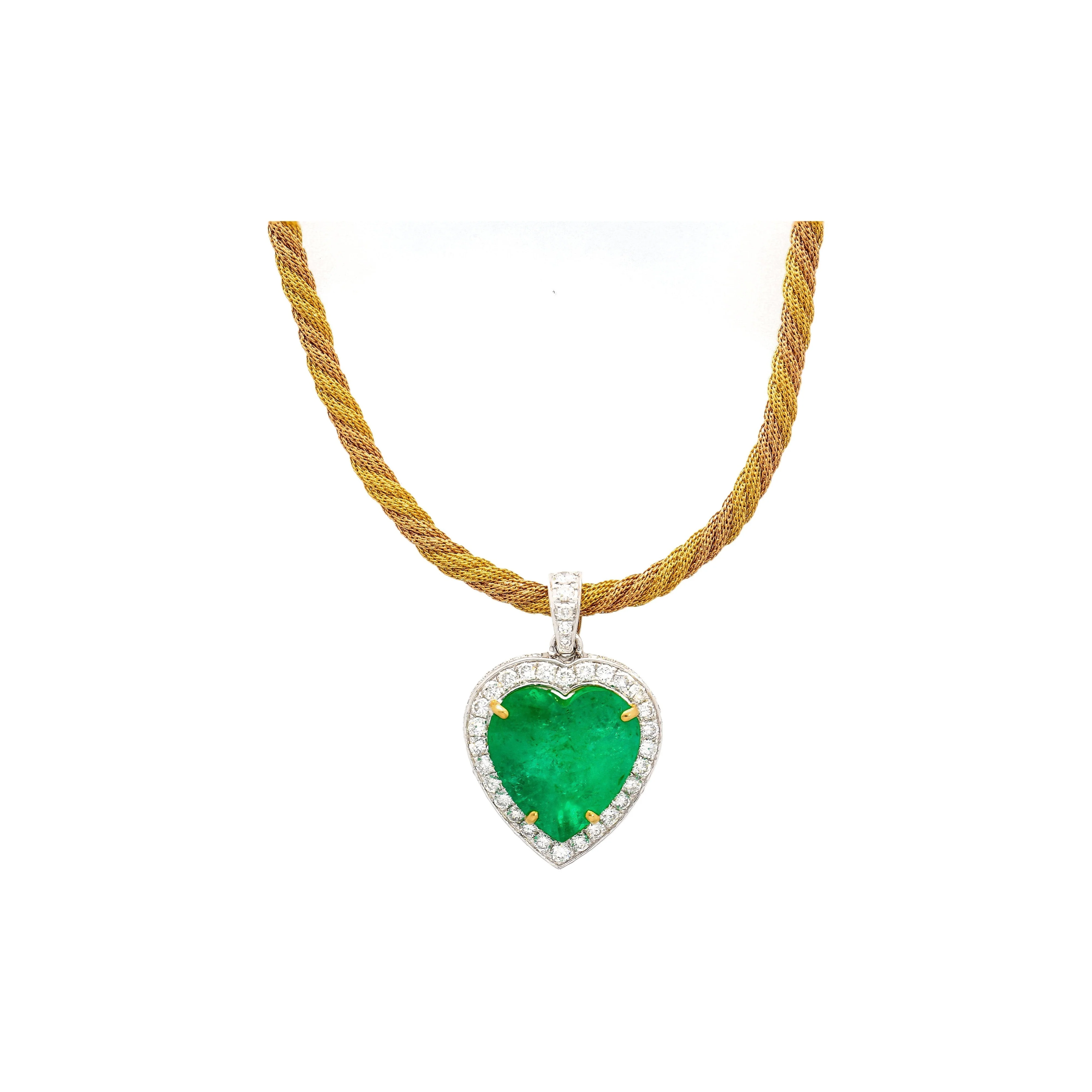 44 Carat Heart Shaped Emerald Pendant with Round Cut Diamond Halo in 18K Gold Necklace - Image 6