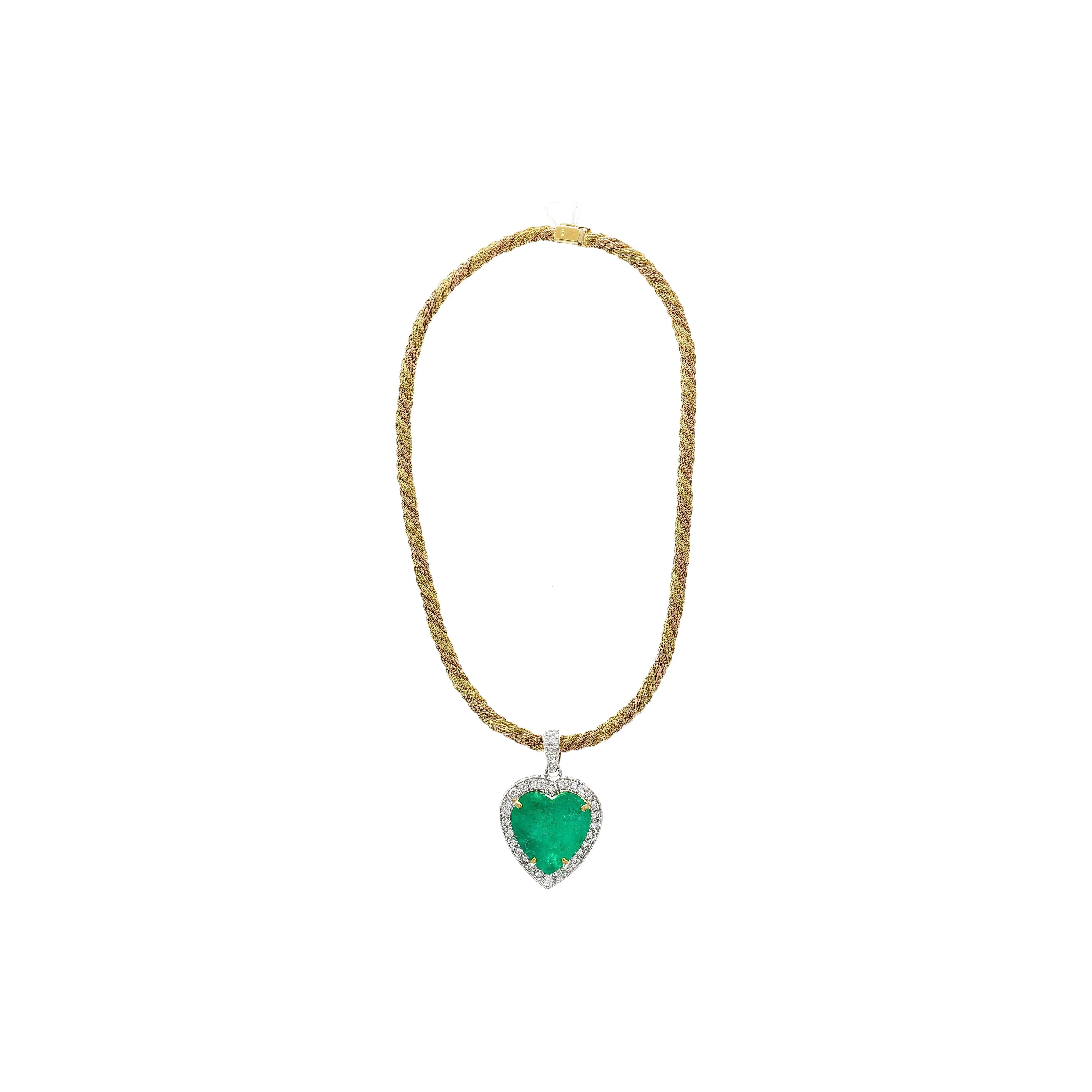 44 Carat Heart Shaped Emerald Pendant with Round Cut Diamond Halo in 18K Gold Necklace - Image 7