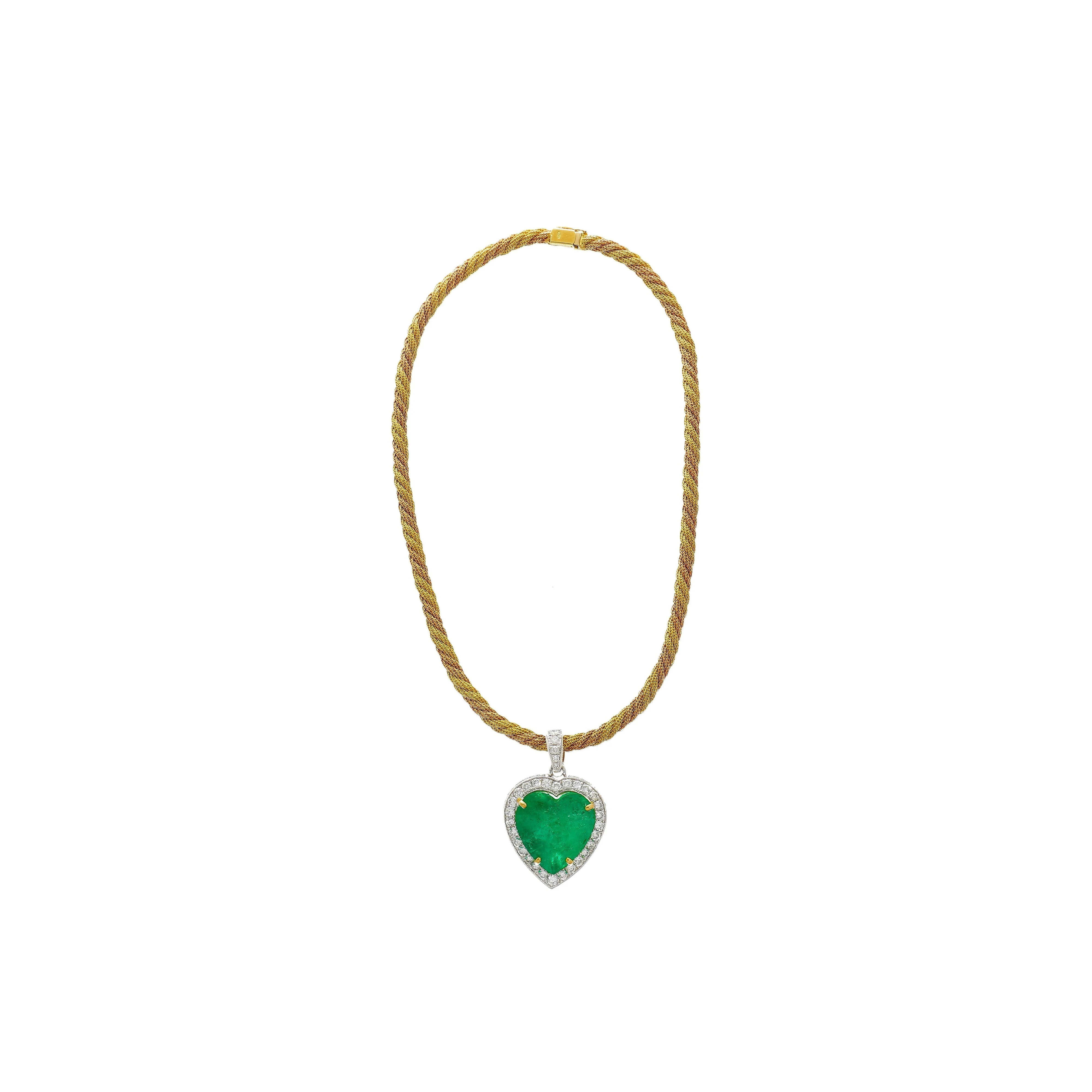 44 Carat Heart Shaped Emerald Pendant with Round Cut Diamond Halo in 18K Gold Necklace - Image 8