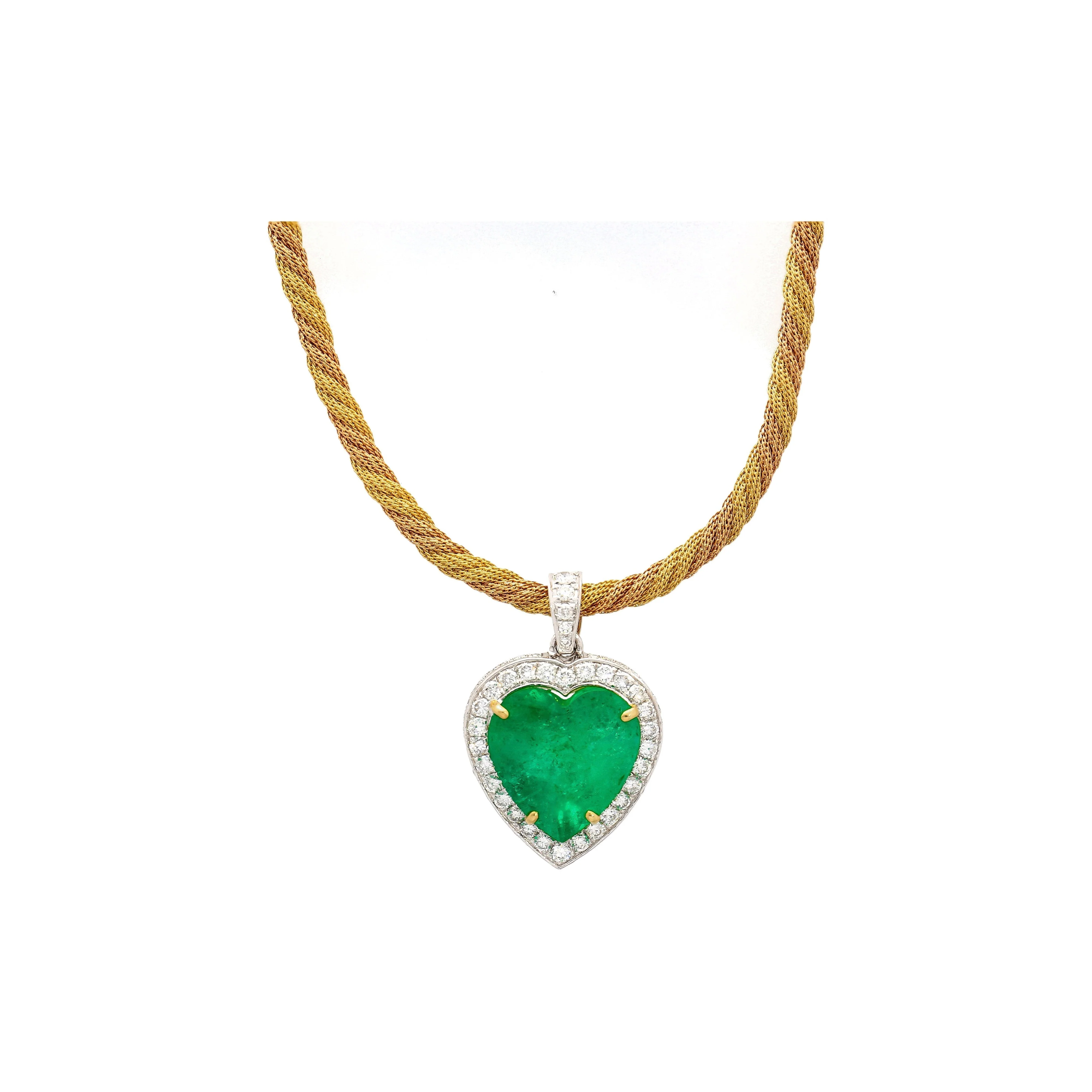 44 Carat Heart Shaped Emerald Pendant with Round Cut Diamond Halo in 18K Gold Necklace - Image 9