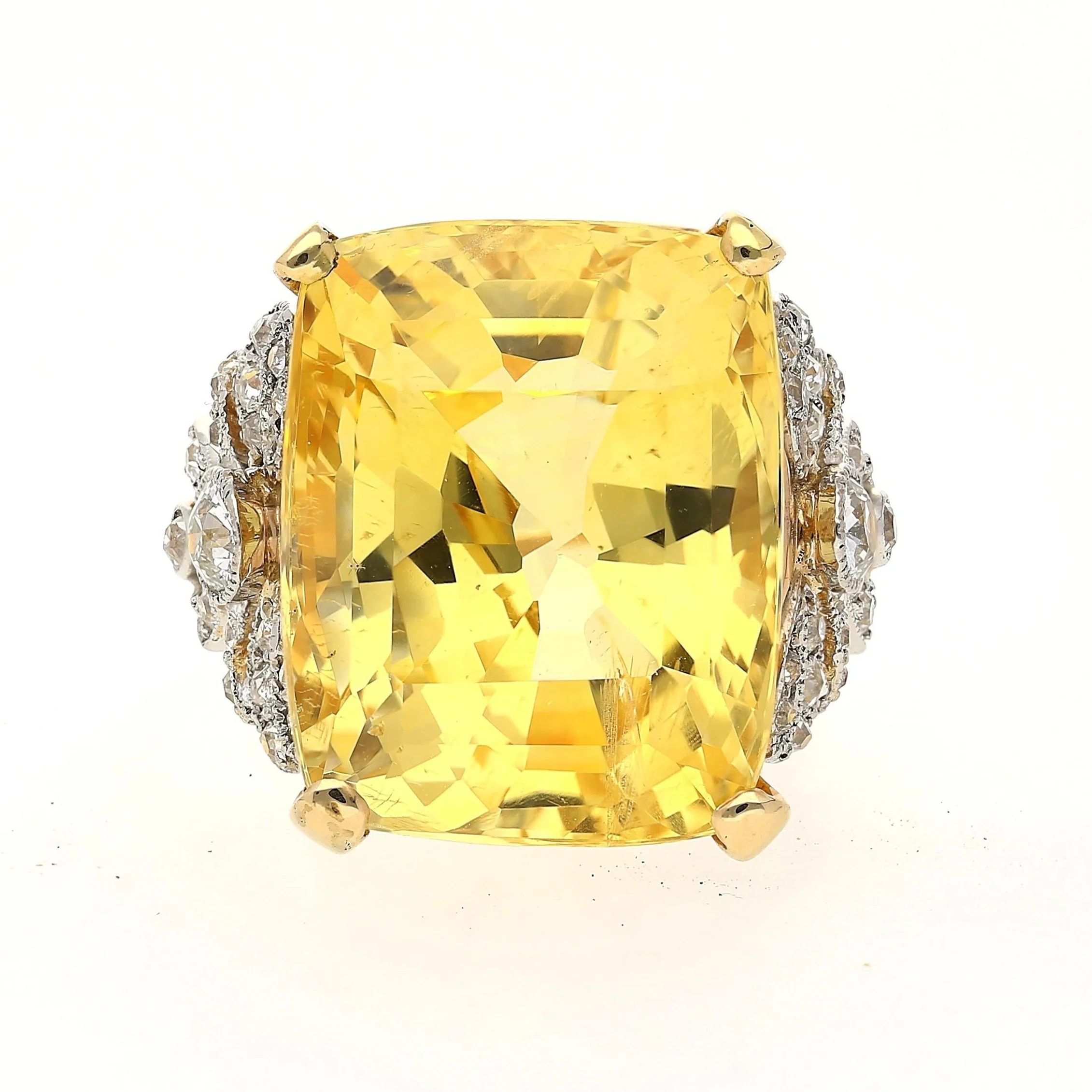 47.10 Carat No-Heat Yellow Sapphire & Old Euro Diamond Vintage Ring