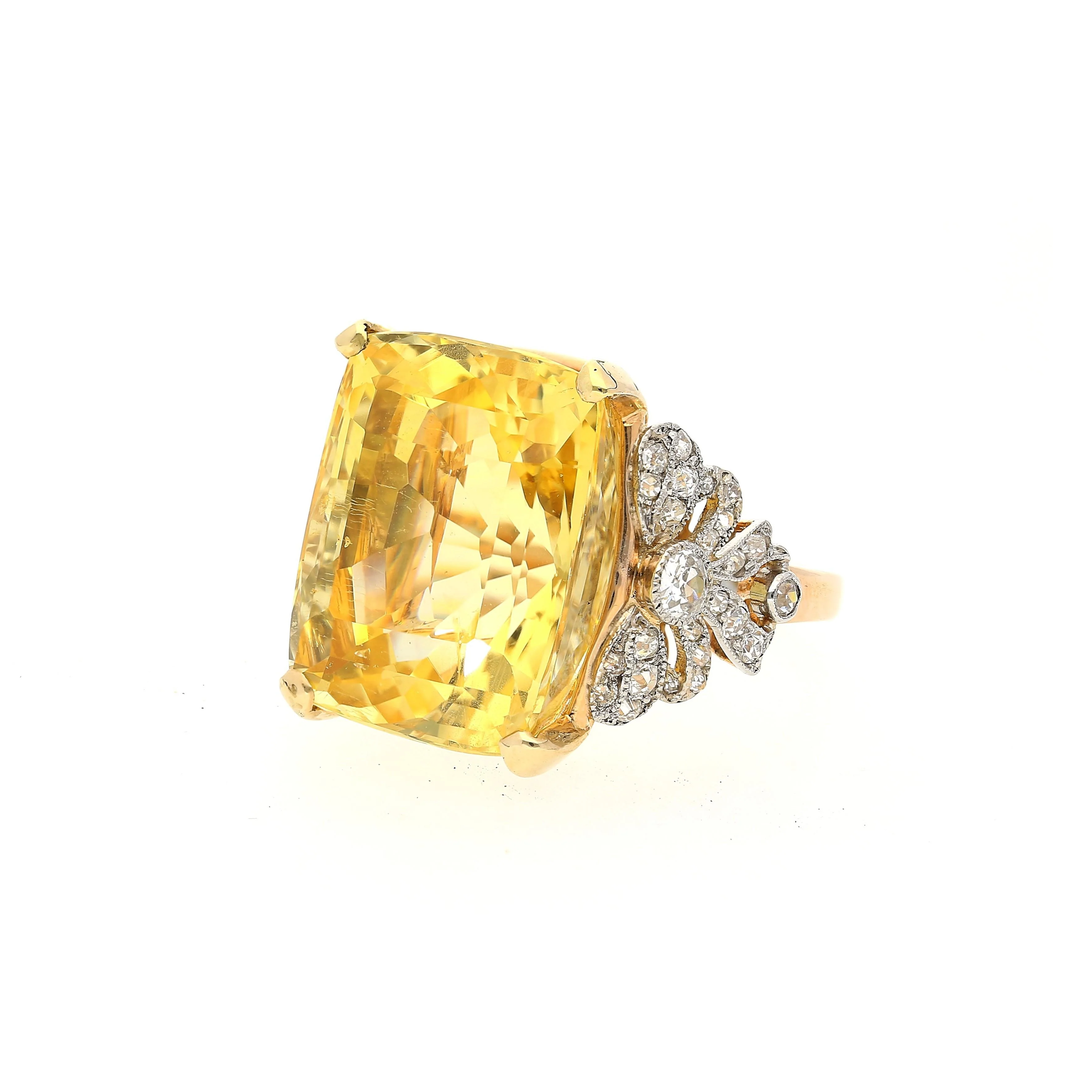 47.10 Carat No-Heat Yellow Sapphire & Old Euro Diamond Vintage Ring - Image 2