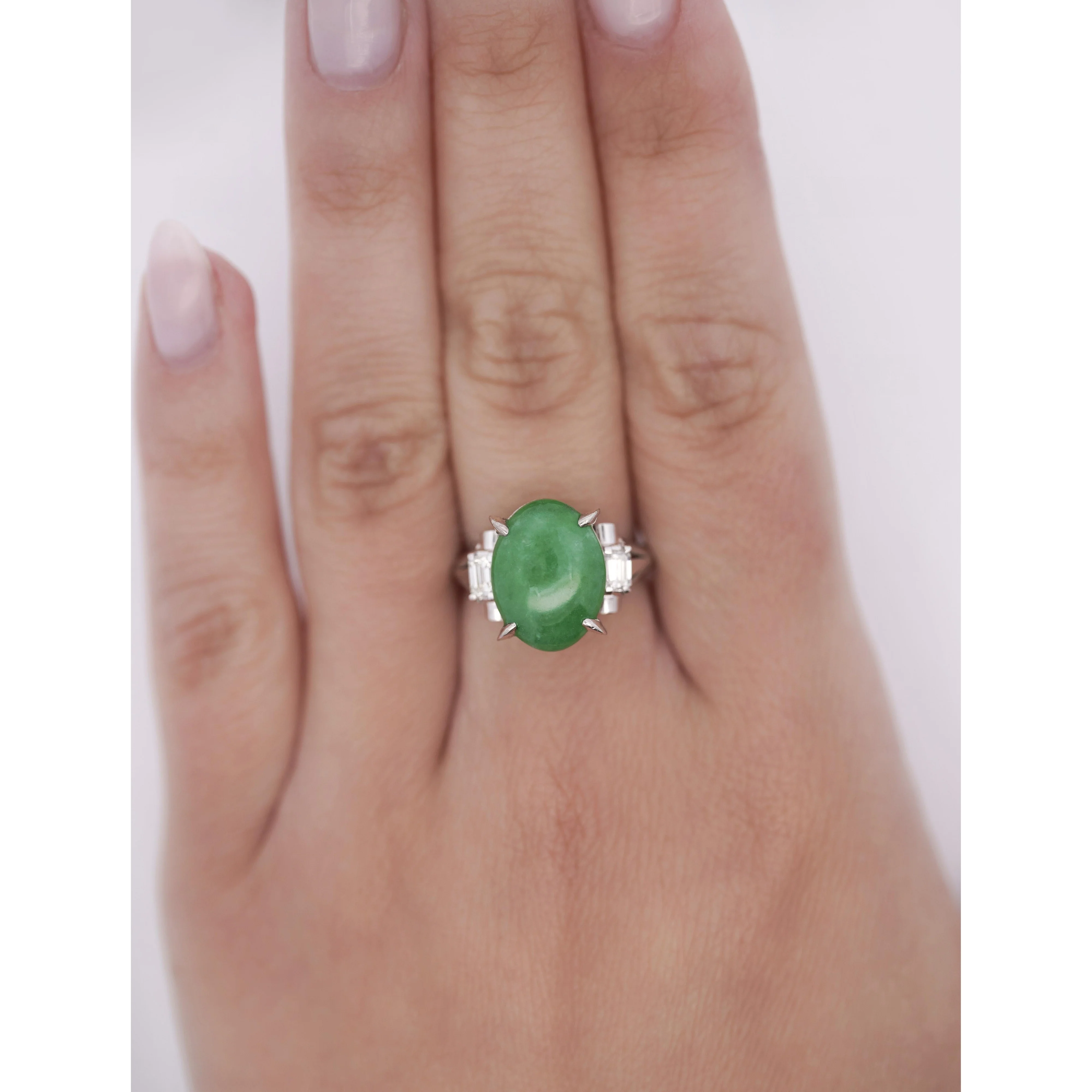5.03 Carat Natural Jade and diamond Filigree Cathedral Platinum Ring - Image 3