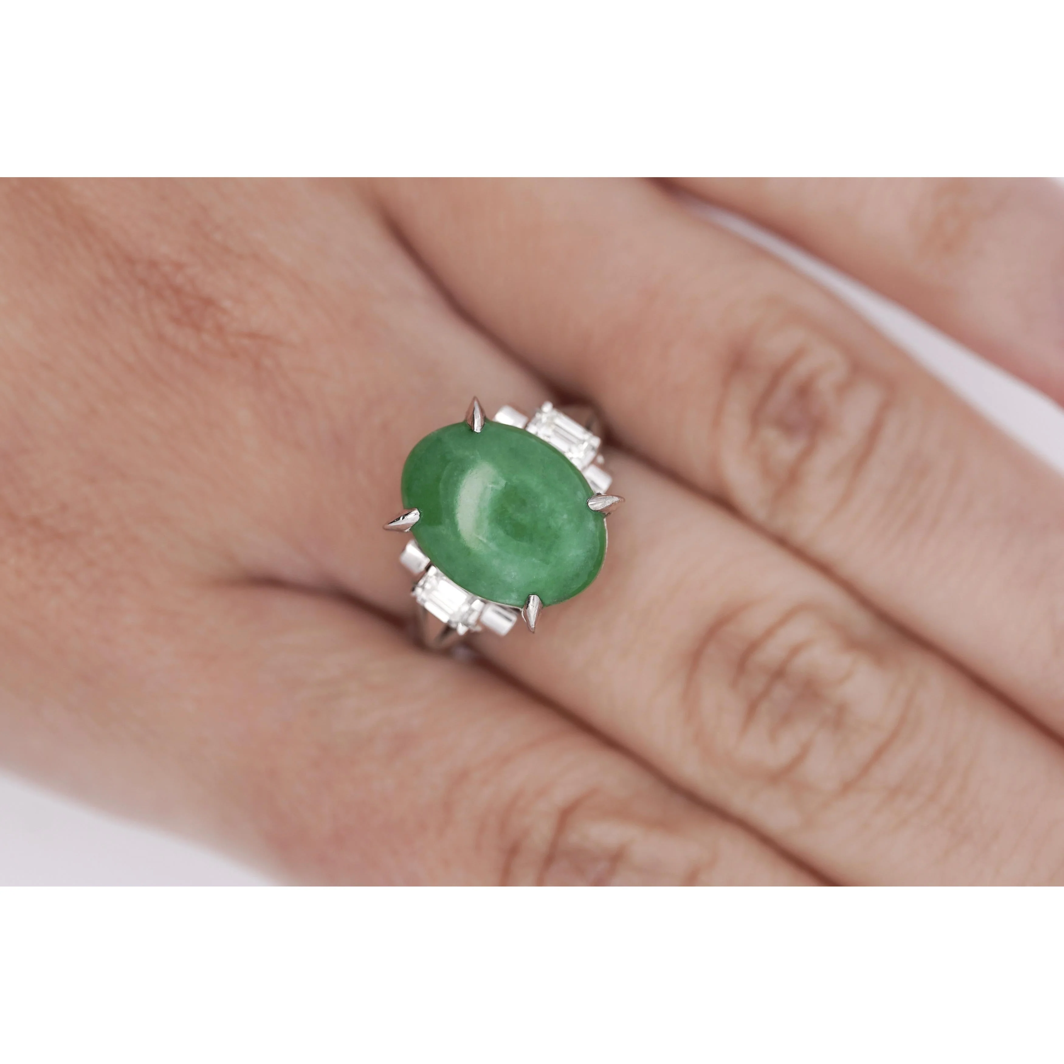 5.03 Carat Natural Jade and diamond Filigree Cathedral Platinum Ring - Image 4