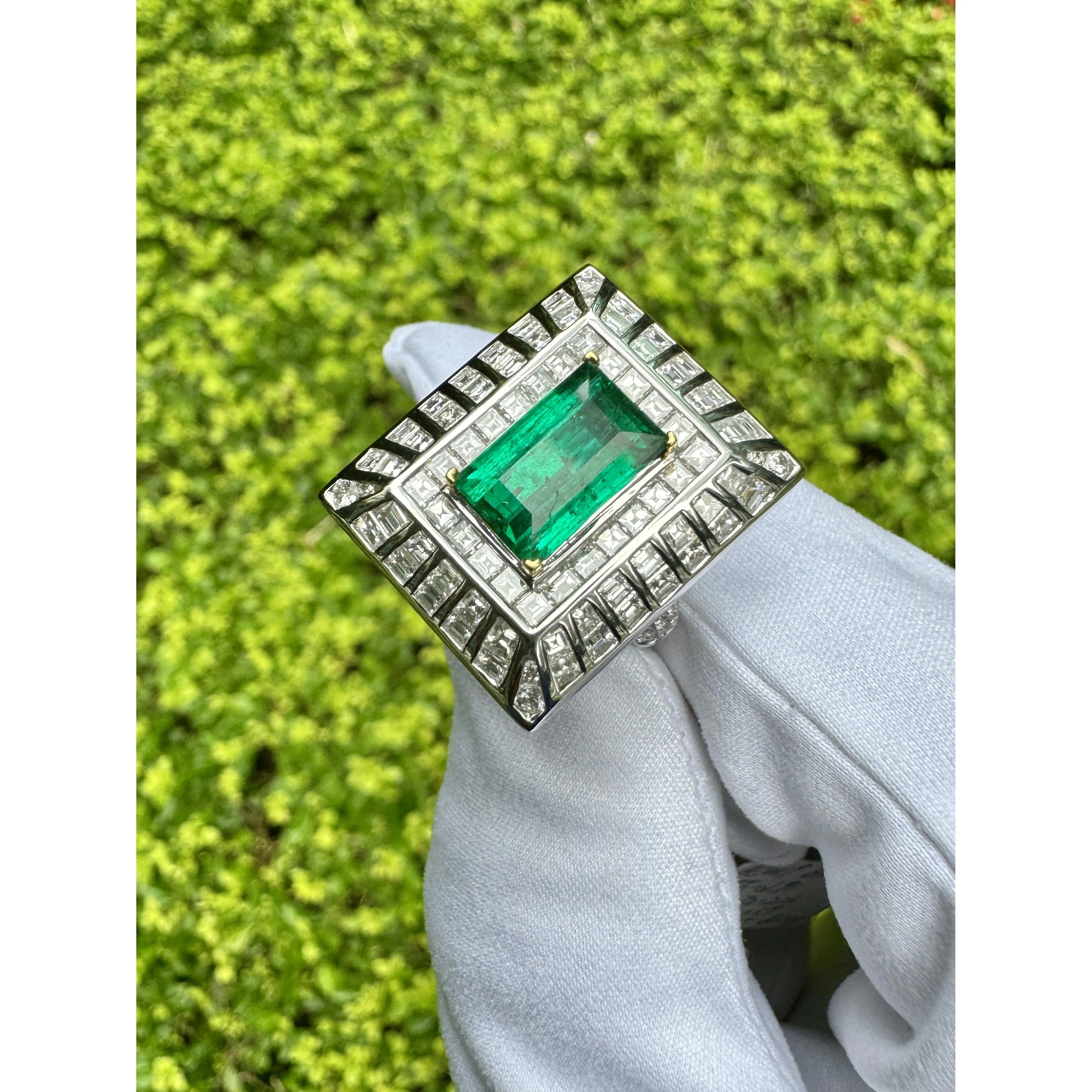 5.17ct Colombian Emerald & Baguette Diamond Art Deco Frame Ring - Image 7