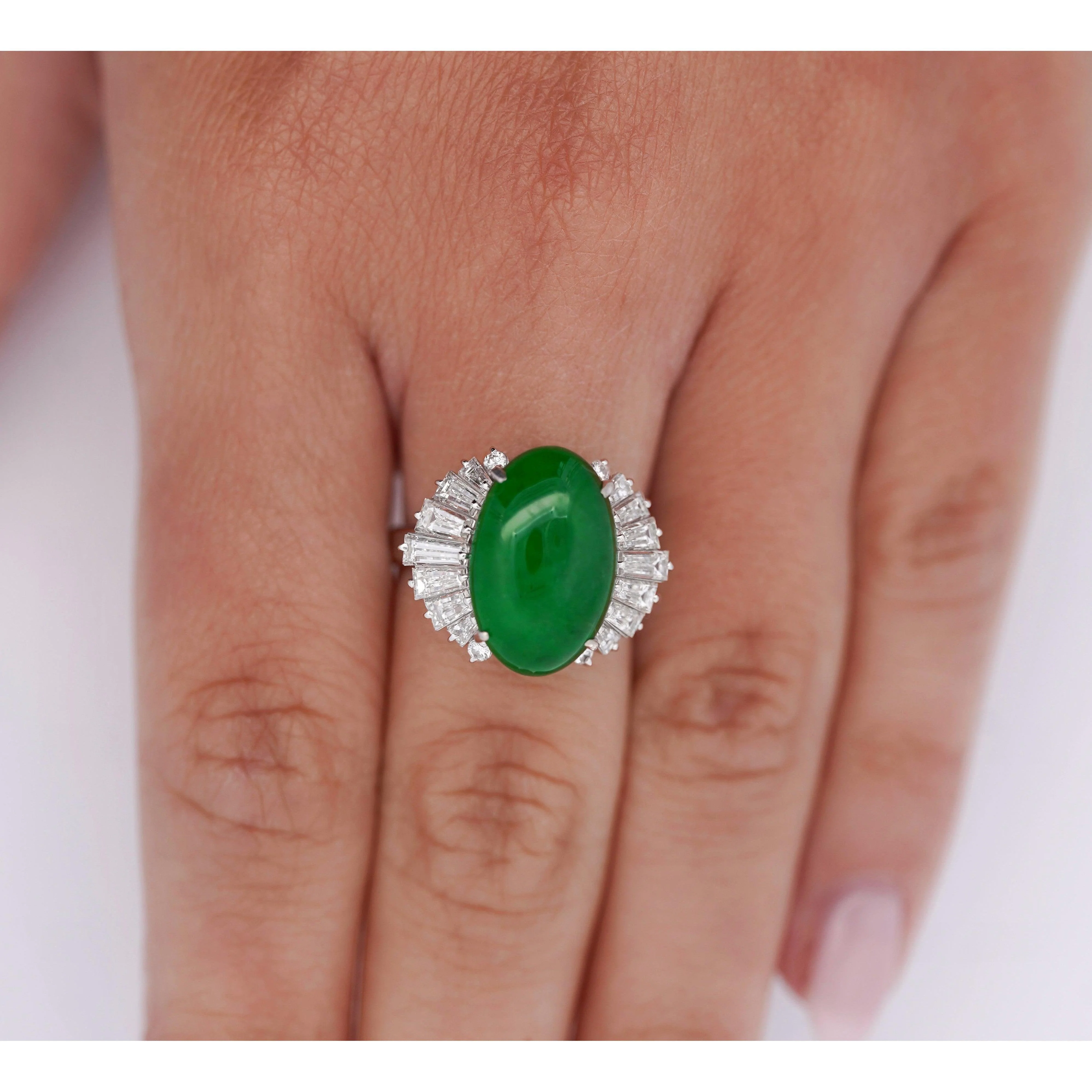 5.32 Carat Natural Jadeite Jade and Diamond Filigree Platinum Ballerina Ring - Image 7