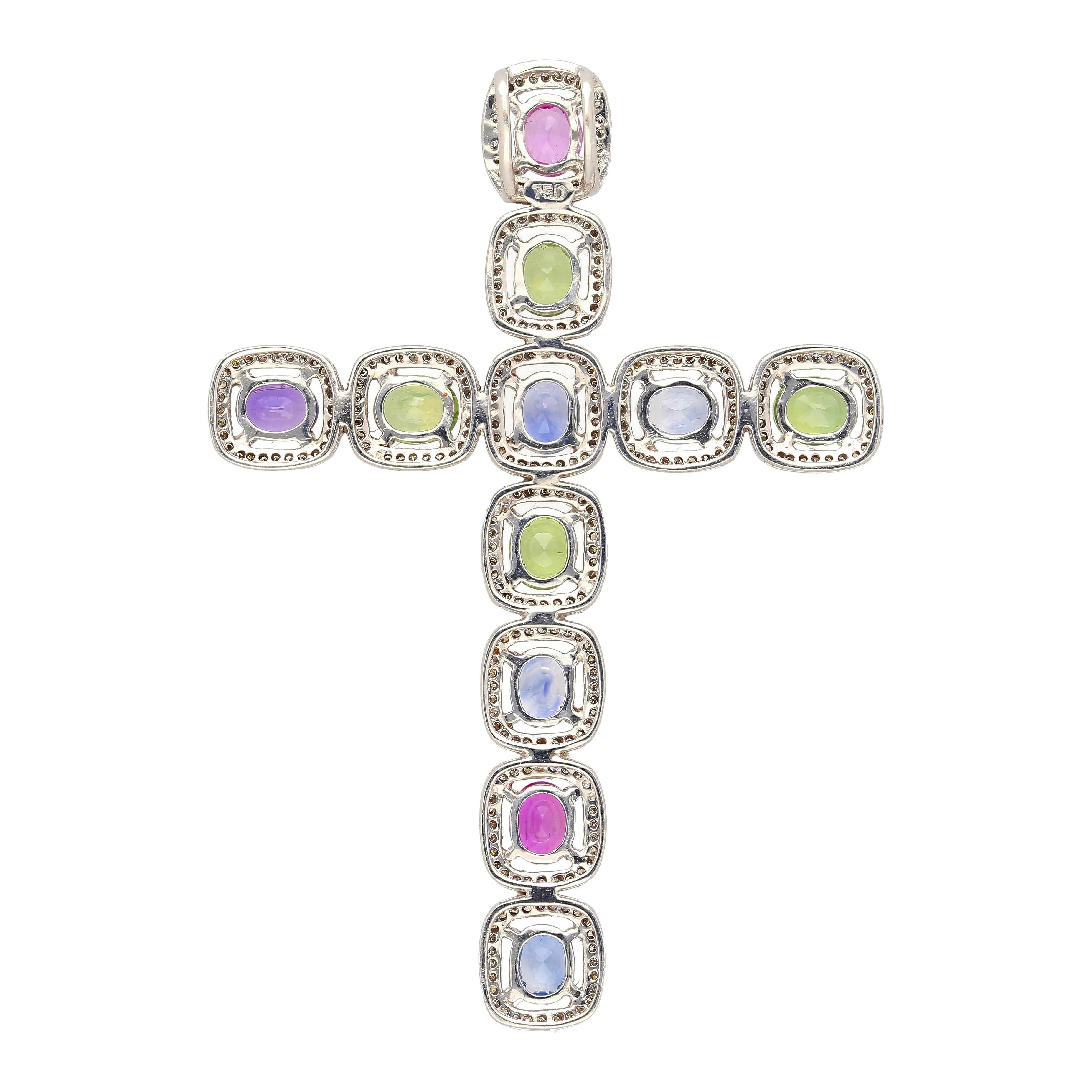 5.39 Carat Multicolored Natural Sapphire & Diamond Cross Pendant - Image 3
