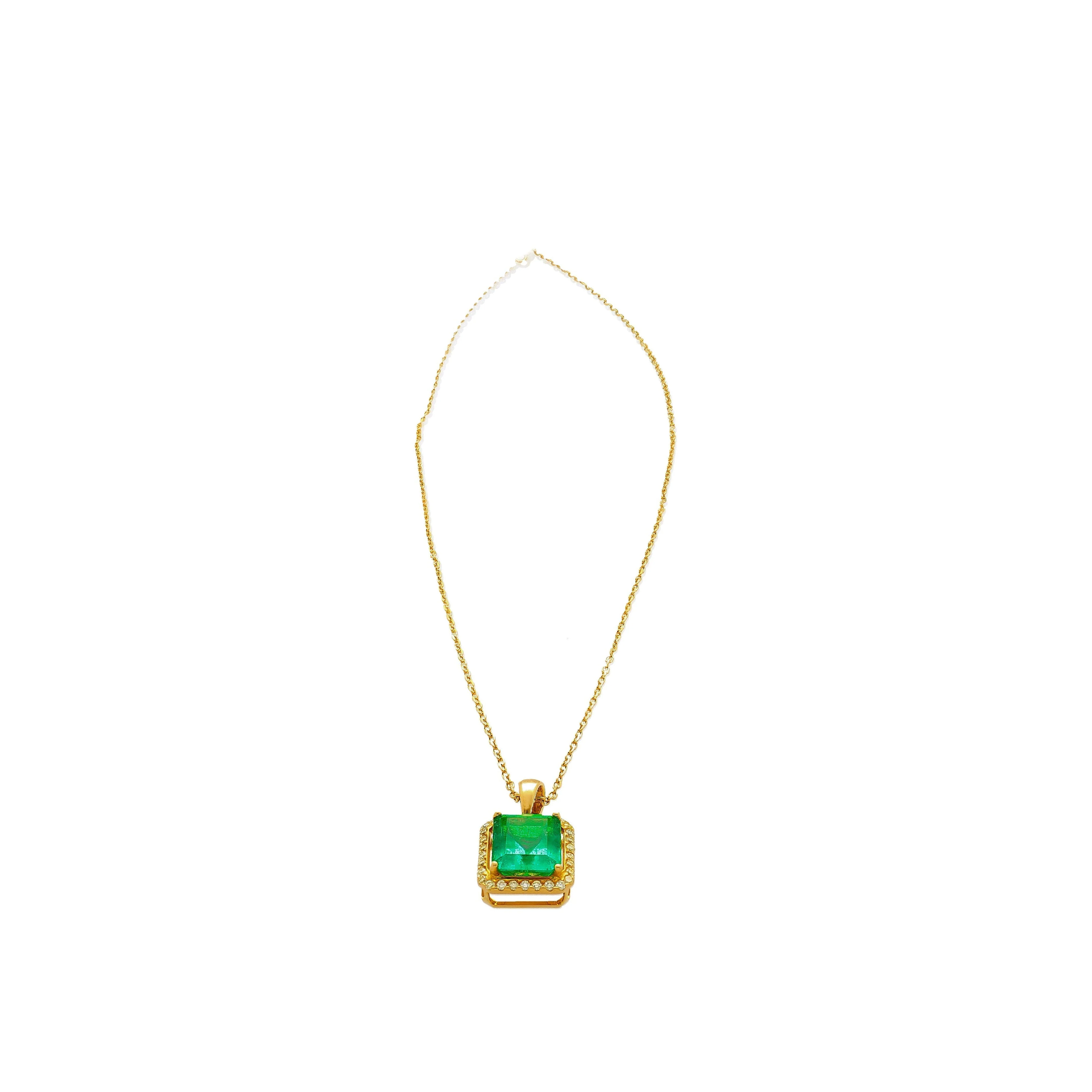 5.42 Carat Natural Emerald Pendant Necklace with Yellow Diamond Halo in 18k Gold - Image 4