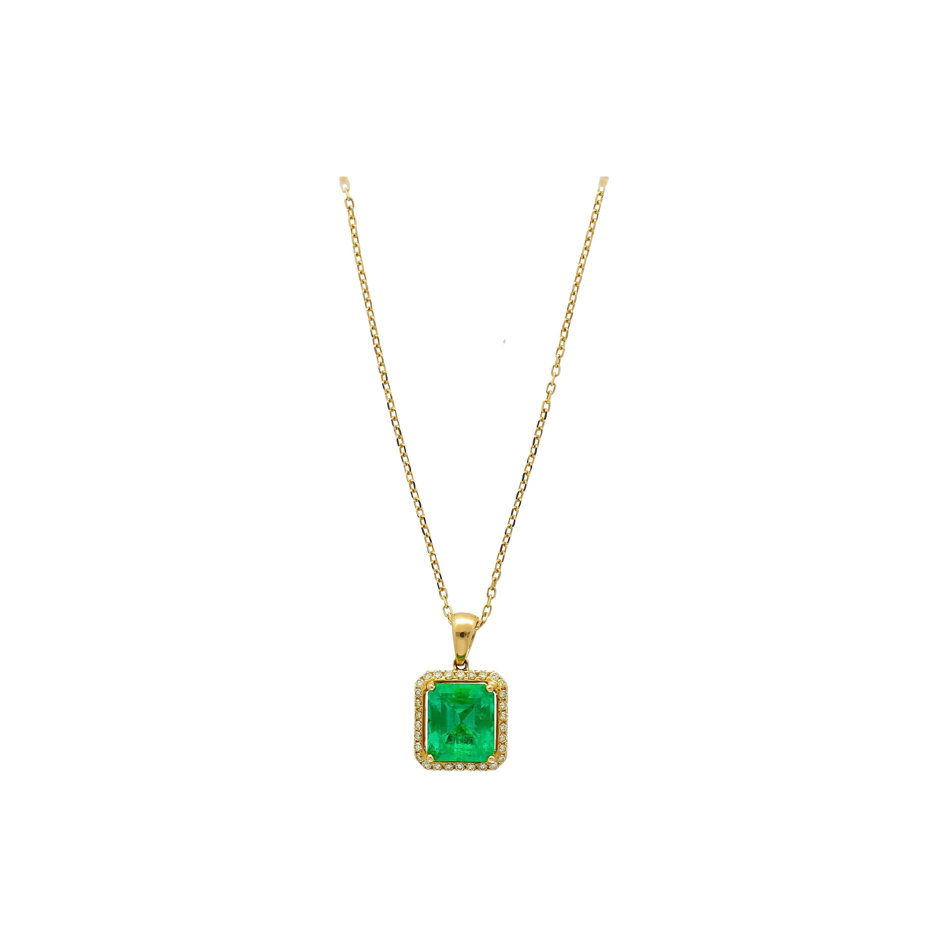 5.42 Carat Natural Emerald Pendant Necklace with Yellow Diamond Halo in 18k Gold - Image 5