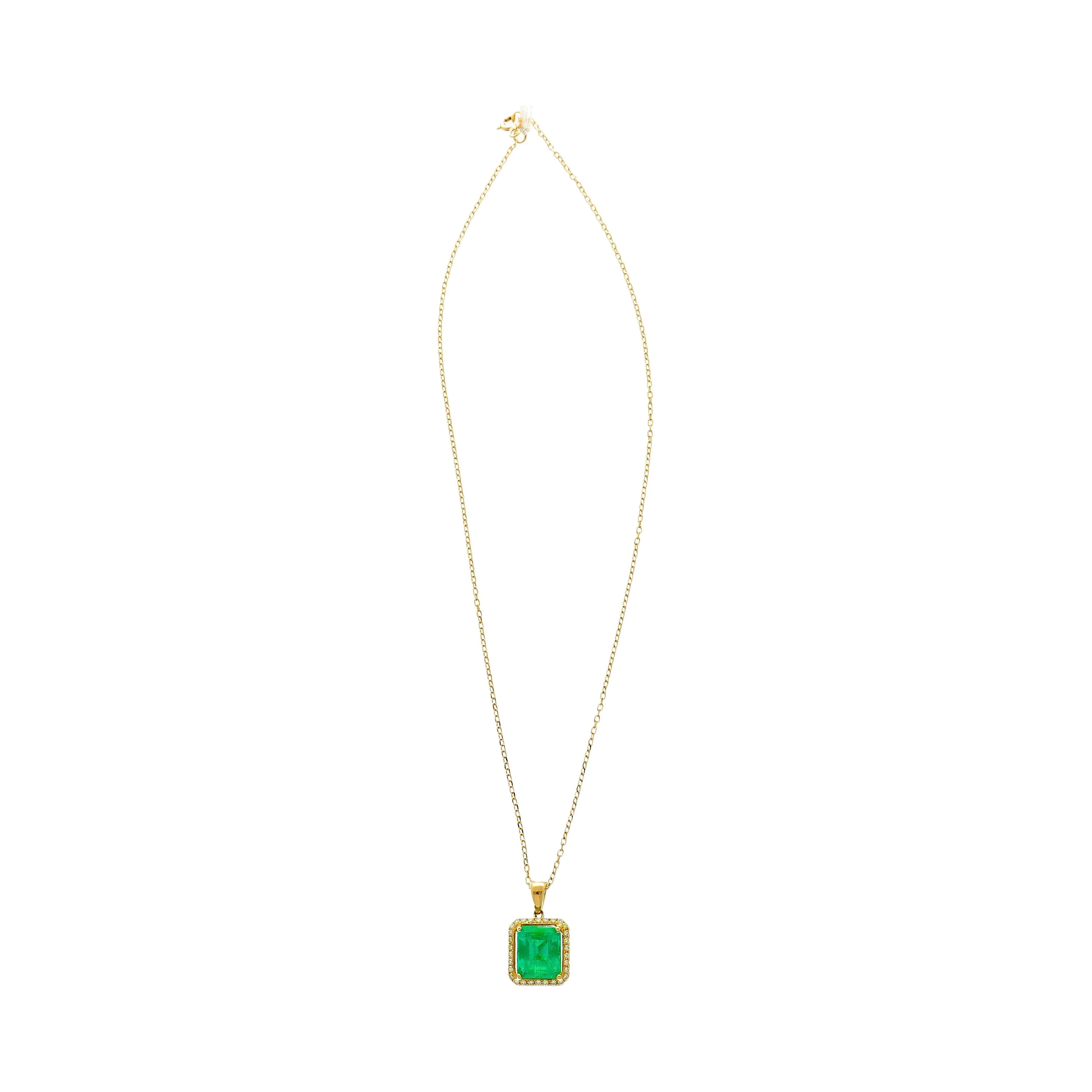5.42 Carat Natural Emerald Pendant Necklace with Yellow Diamond Halo in 18k Gold - Image 6