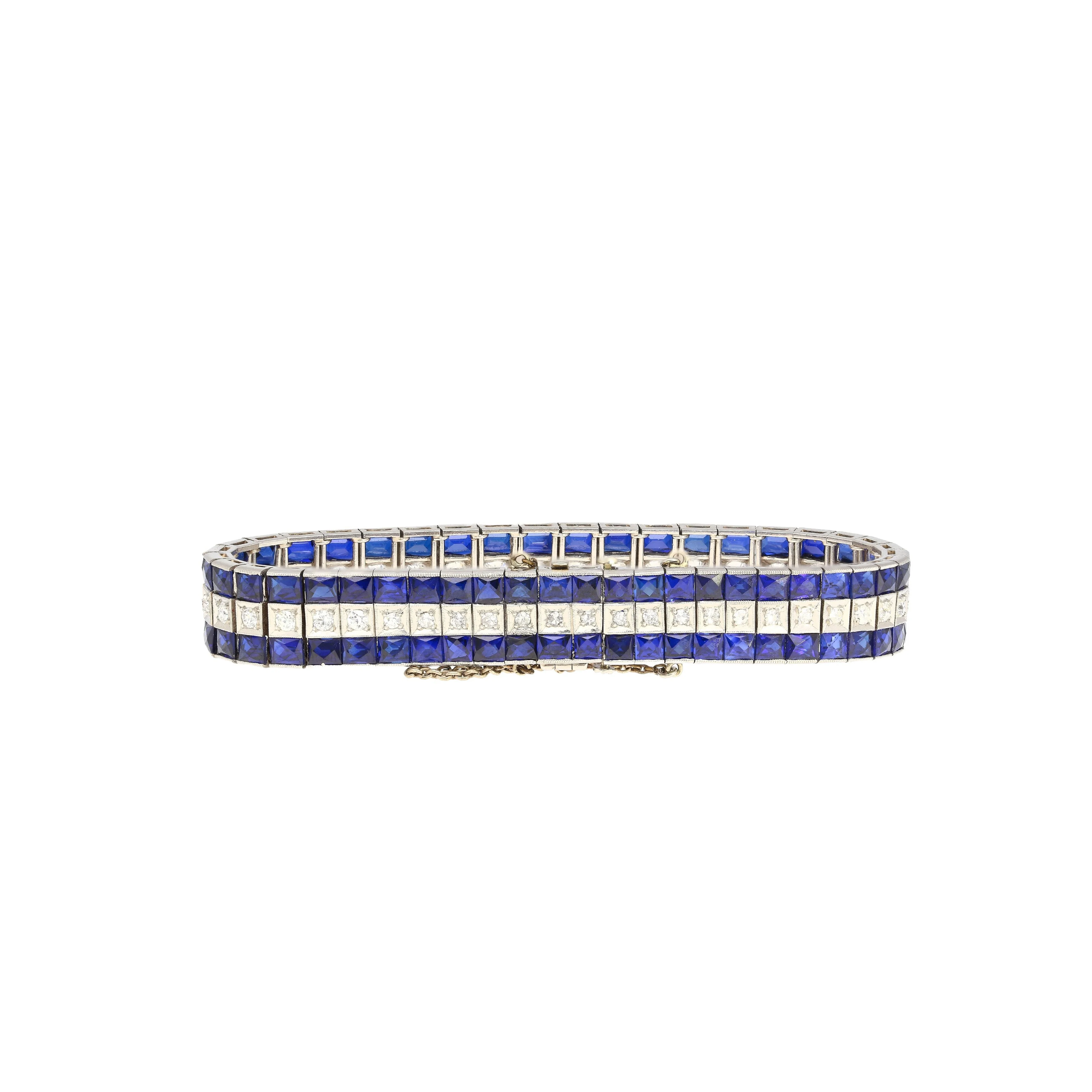 5.50 Carat Vintage Art Deco Platinum Bracelet With Diamonds and Princess-Cut Blue Sapphires - Image 6