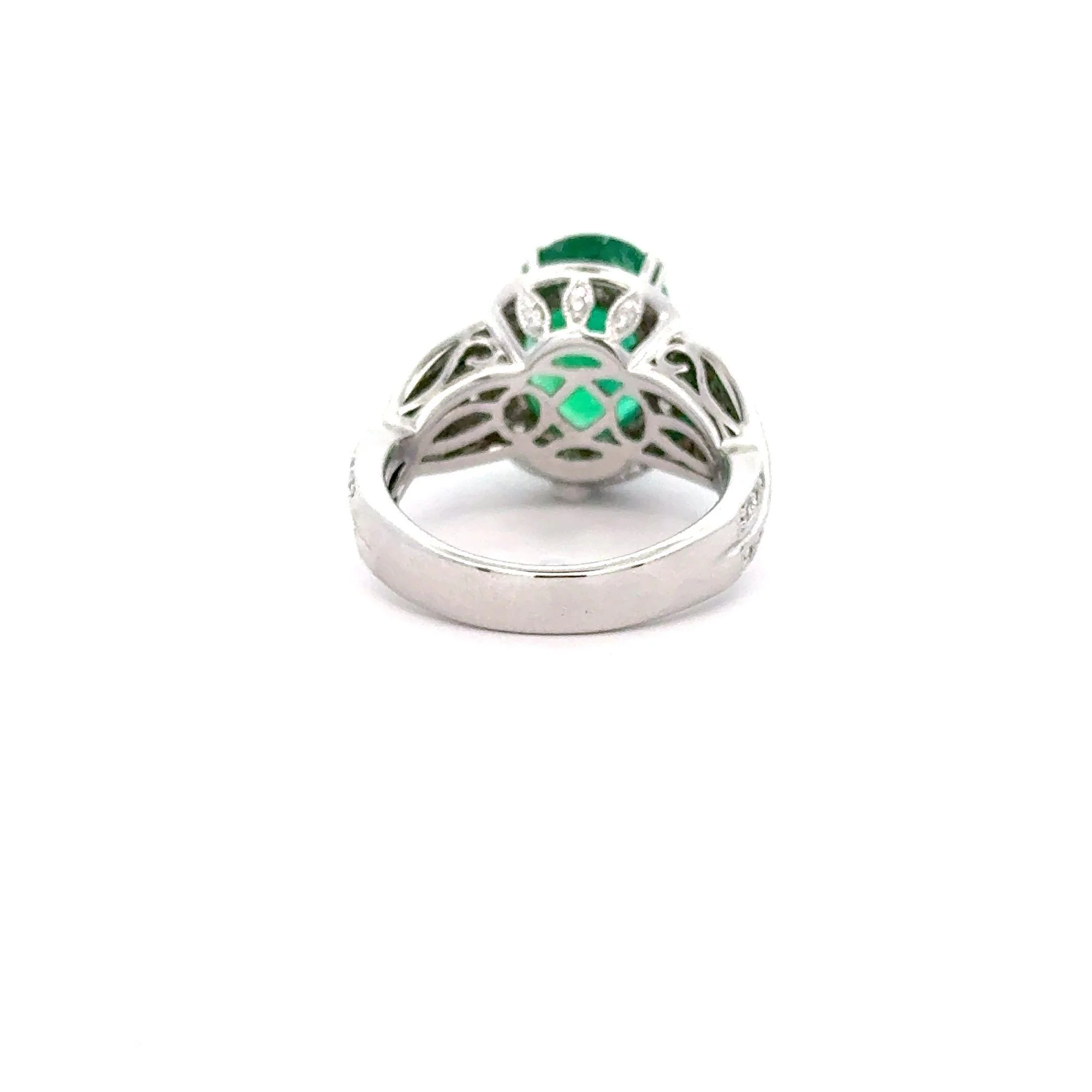 5.5 Carat Oval Cut Emerald & Diamond 18K White Gold Filigree Crossover Ring - Image 5