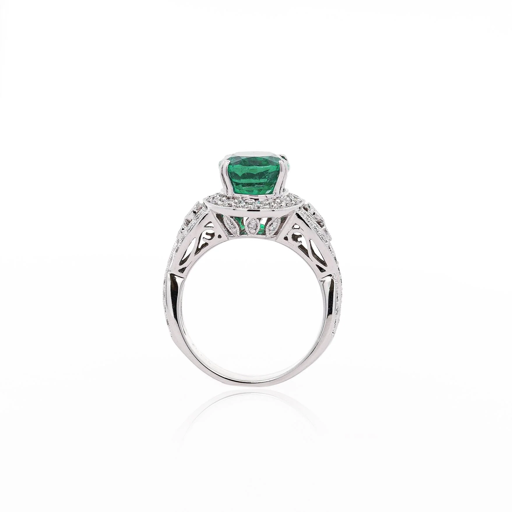5.5 Carat Oval Cut Emerald & Diamond 18K White Gold Filigree Crossover Ring - Image 6
