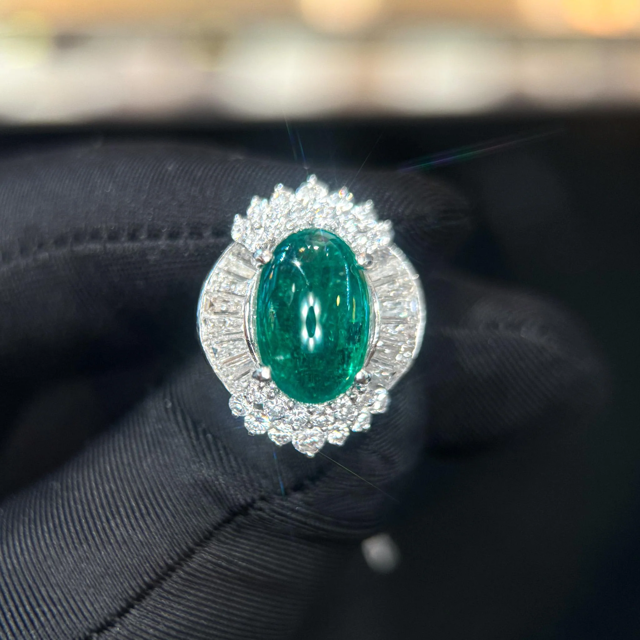 5.51 Carat Cabochon Cut Emerald & Diamond Platinum Ballerina Ring - Image 6