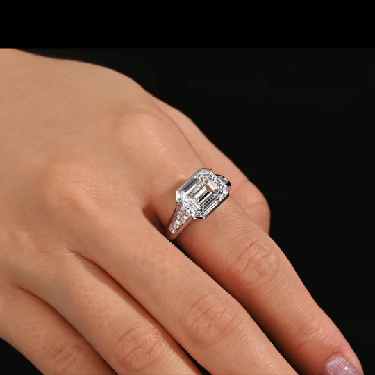 5.53 Carat Emerald Cut Lab Grown Diamond Half Bezel White Gold Ring - Image 2