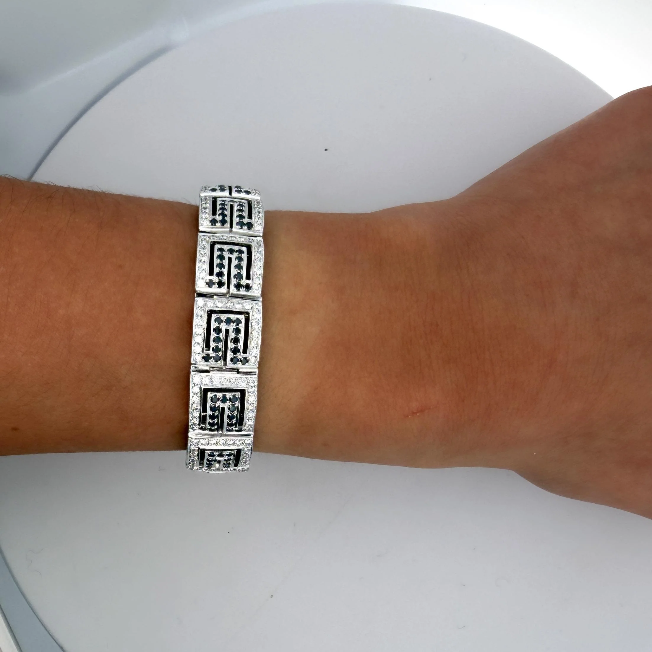 5.75 Carat Black & White Diamond in 18K White Gold Greek Key Bracelet - Image 6