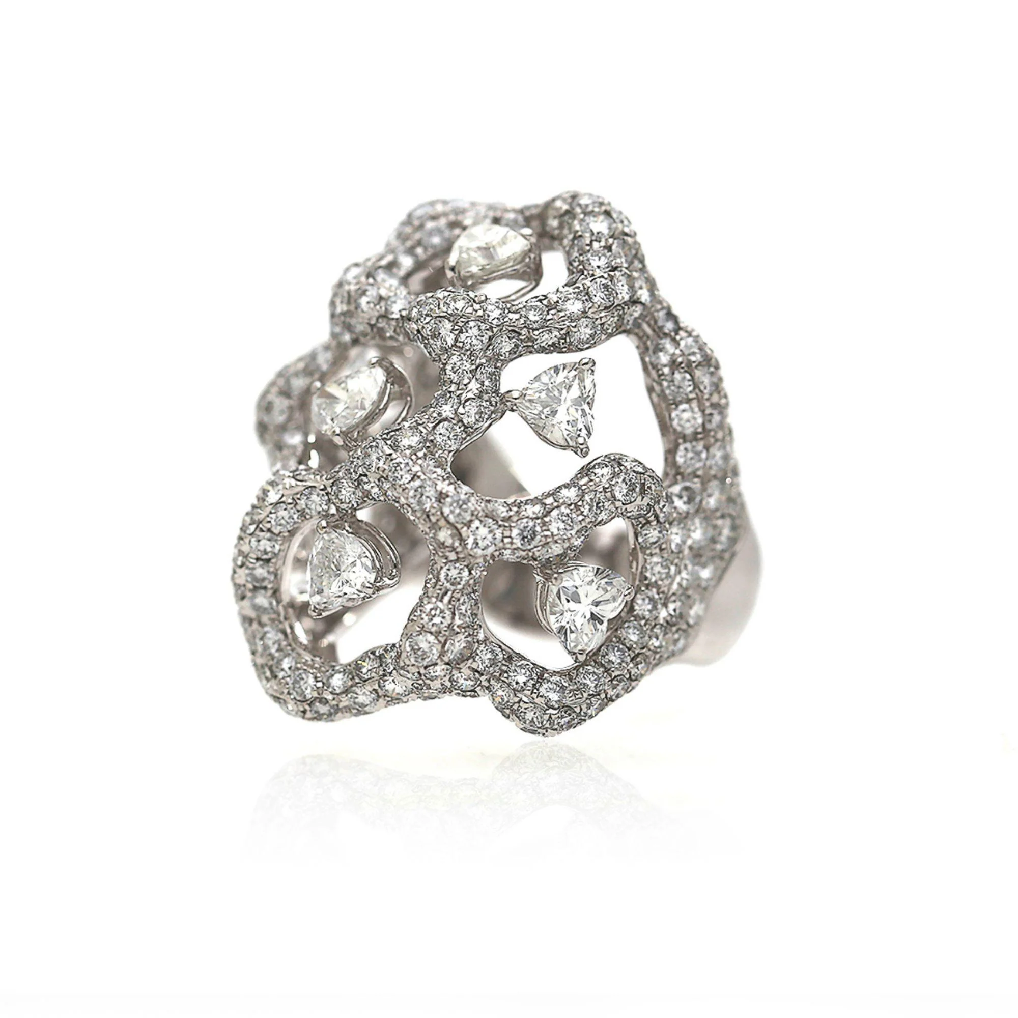 5.80 Carat Heart & Round Diamond Pavé Open Lattice 18K White Gold Cocktail Ring - Image 3