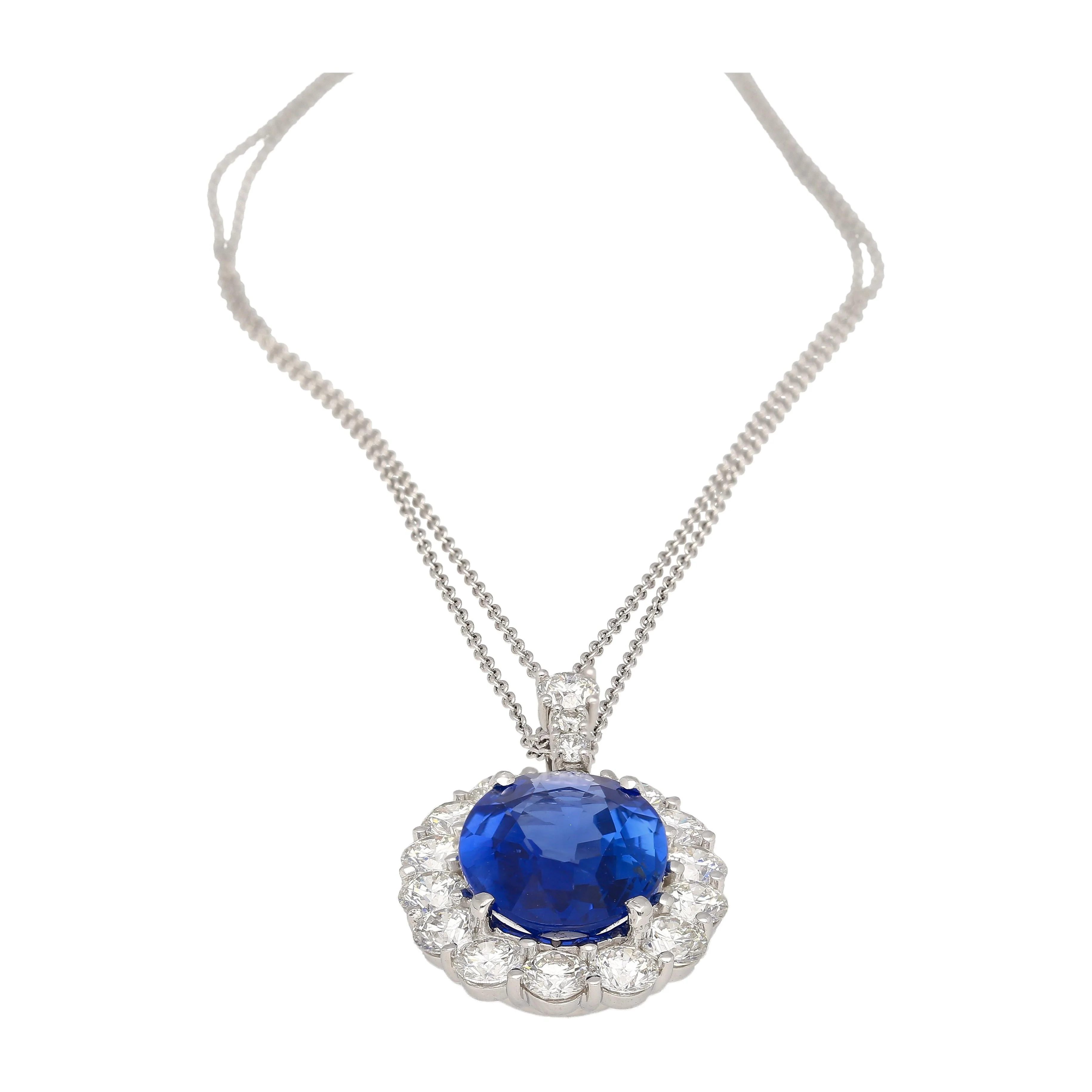 5.83ct Oval No-Heat Blue Sapphire Diamond Halo Platinum Necklace - Image 4