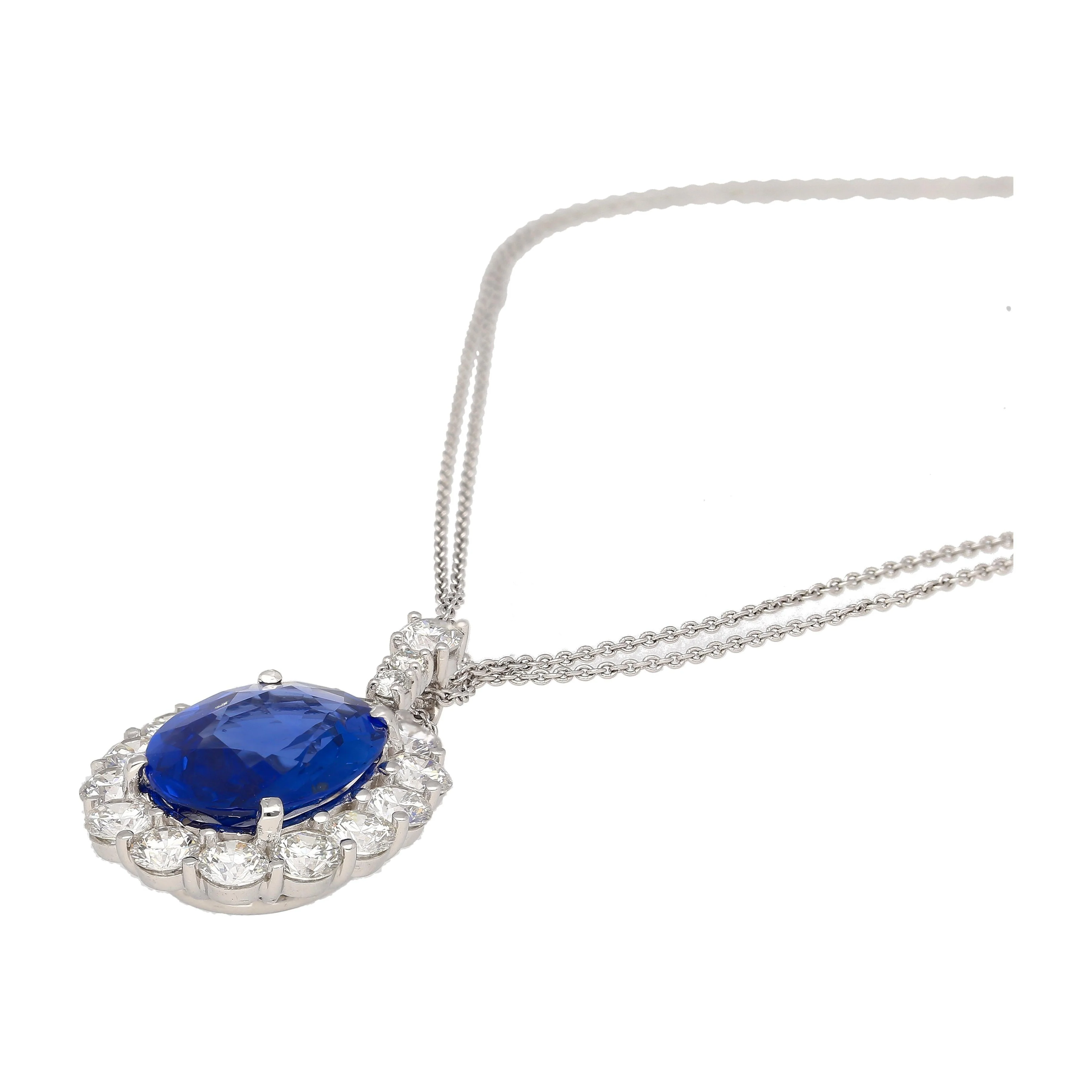5.83ct Oval No-Heat Blue Sapphire Diamond Halo Platinum Necklace - Image 5