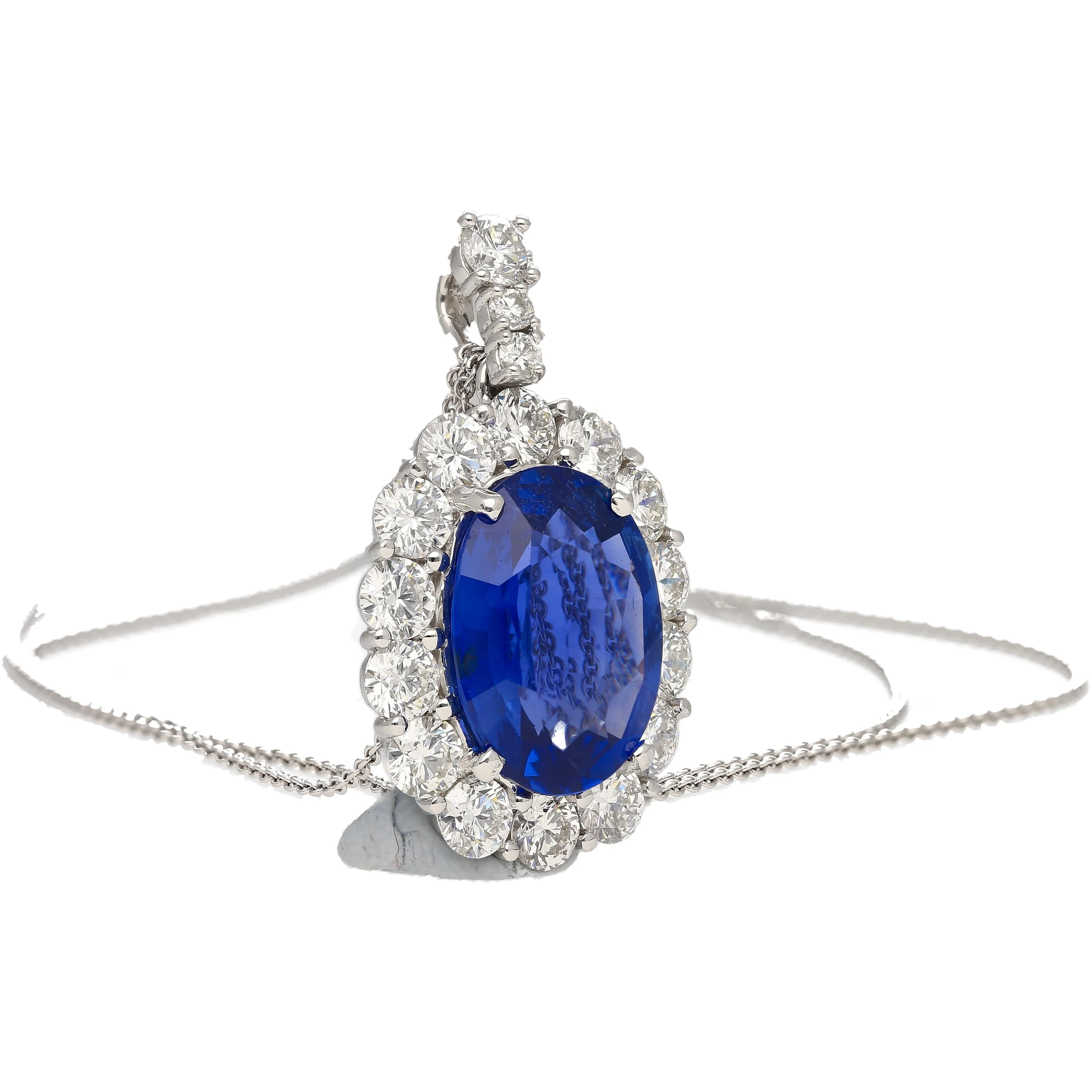 5.83ct Oval No-Heat Blue Sapphire Diamond Halo Platinum Necklace - Image 7