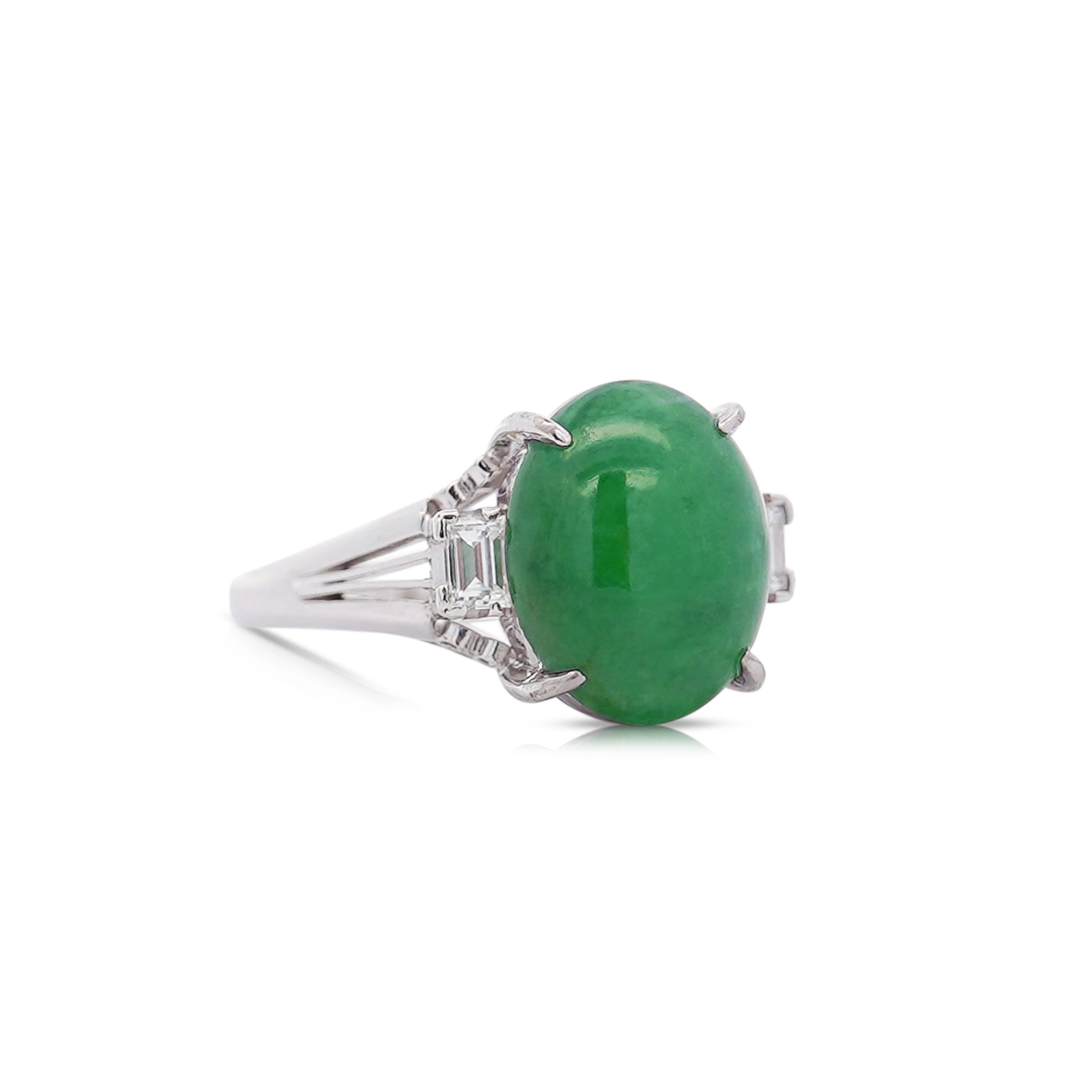 5.87 Carat Grade A Jadeite Jade & Diamond Platinum 3 Stone Ring - Image 5