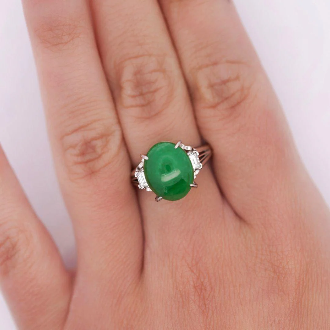 5.87 Carat Grade A Jadeite Jade & Diamond Platinum 3 Stone Ring - Image 6