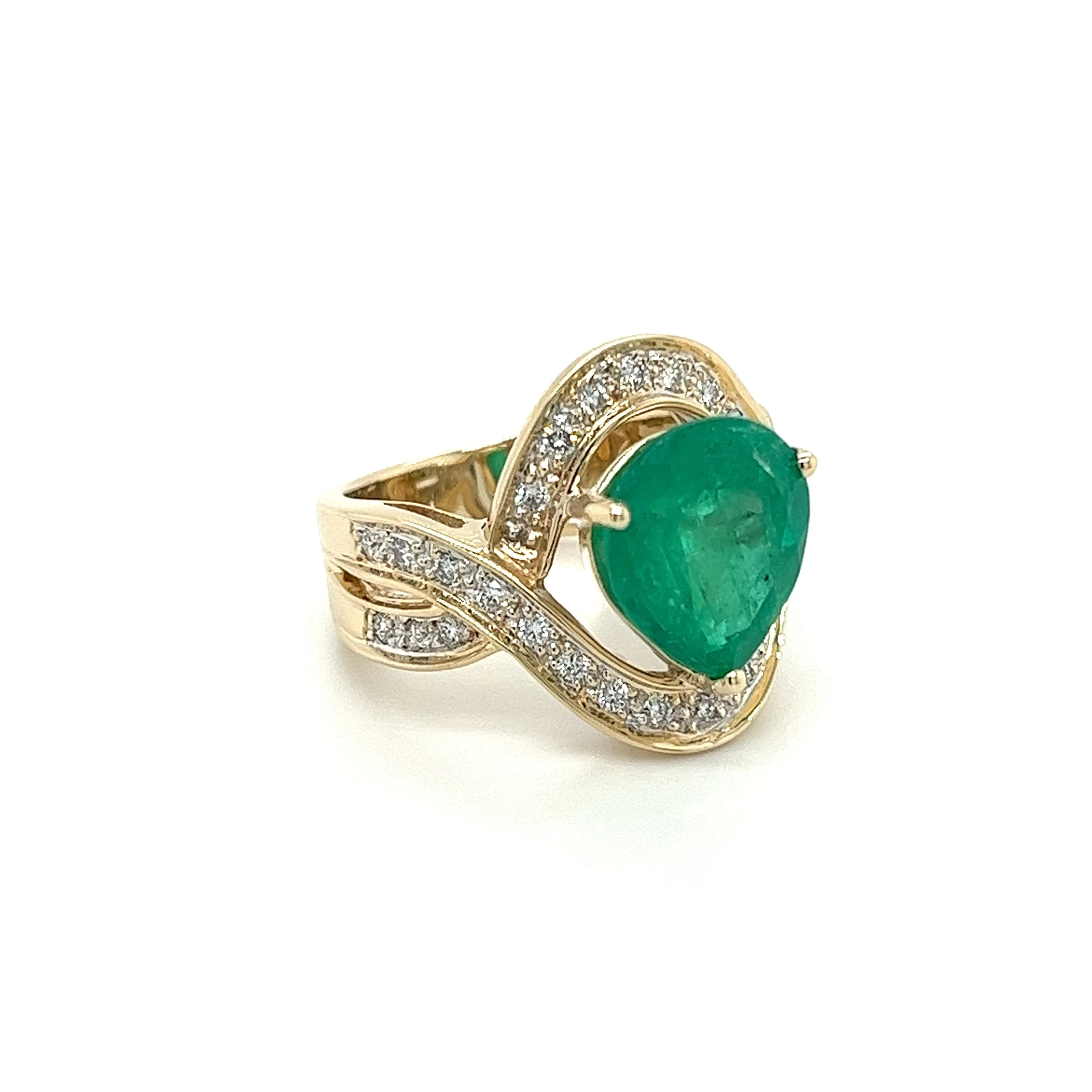 Vintage 5 Carat Pear Cut Emerald Crossover Double Split Shank 14K Gold Ring - Image 2