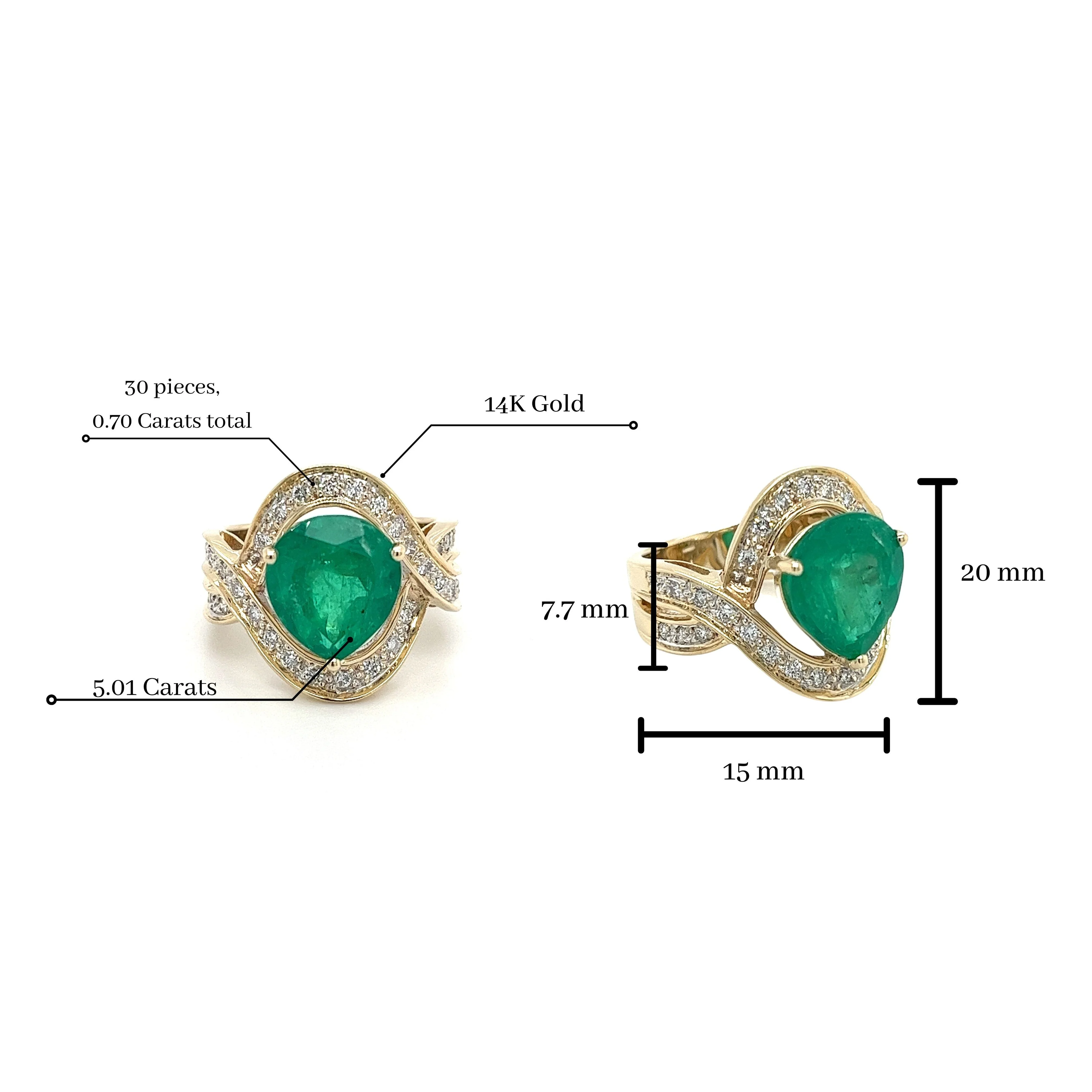 Vintage 5 Carat Pear Cut Emerald Crossover Double Split Shank 14K Gold Ring - Image 4