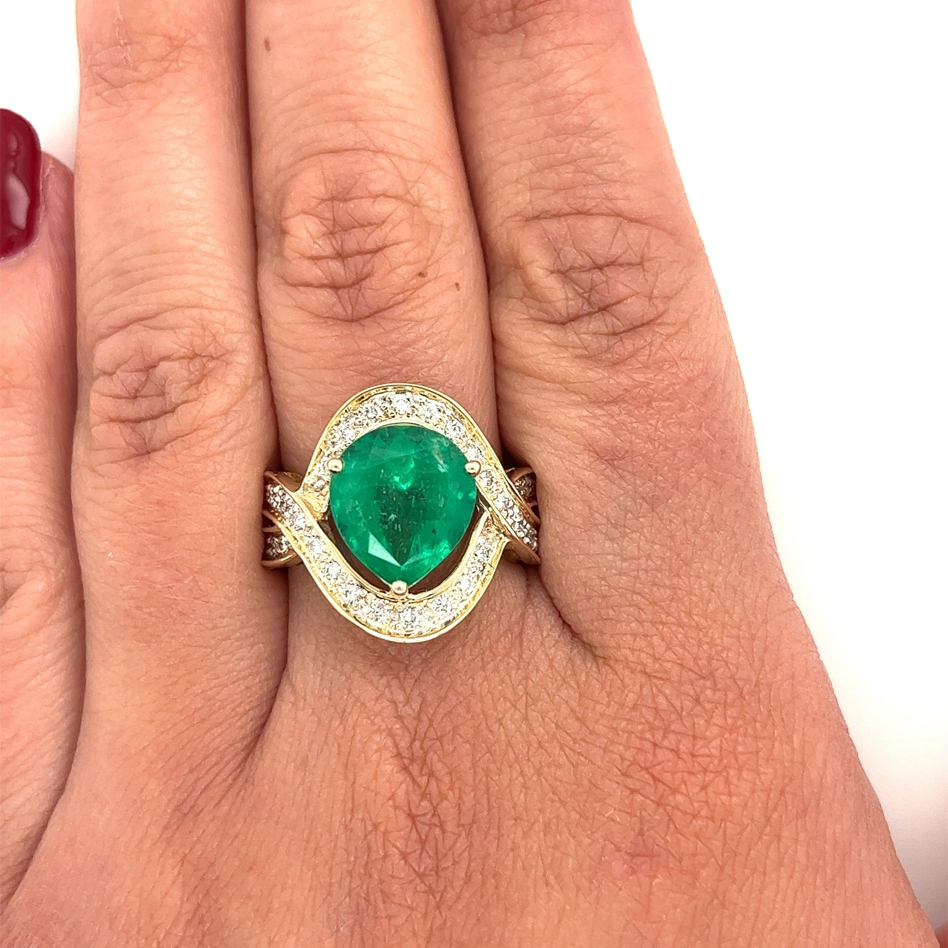 Vintage 5 Carat Pear Cut Emerald Crossover Double Split Shank 14K Gold Ring - Image 5