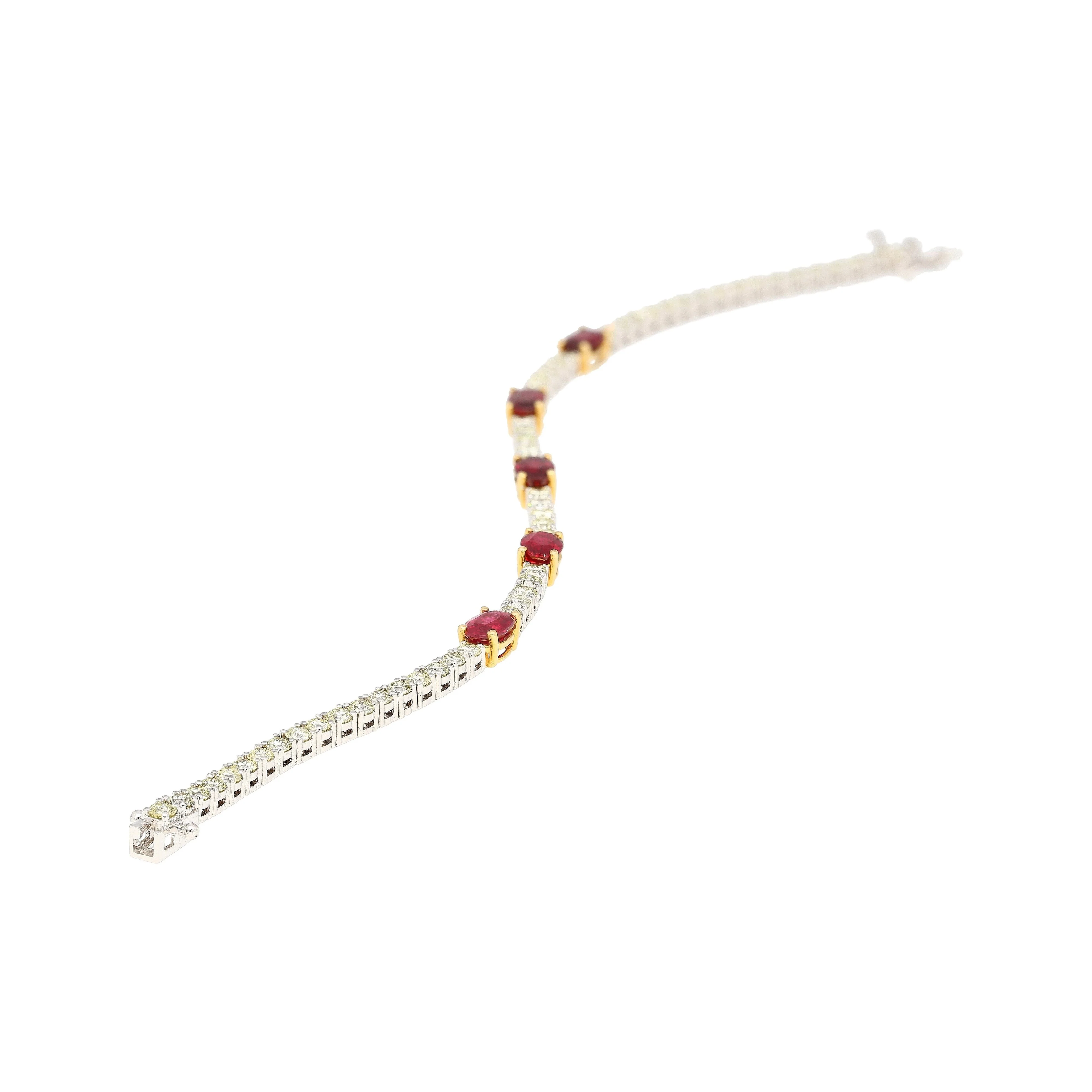 5.54 Carat Oval Cut Ruby and Diamond Tennis Bracelet in Two Tone 18K Gold - Image 2
