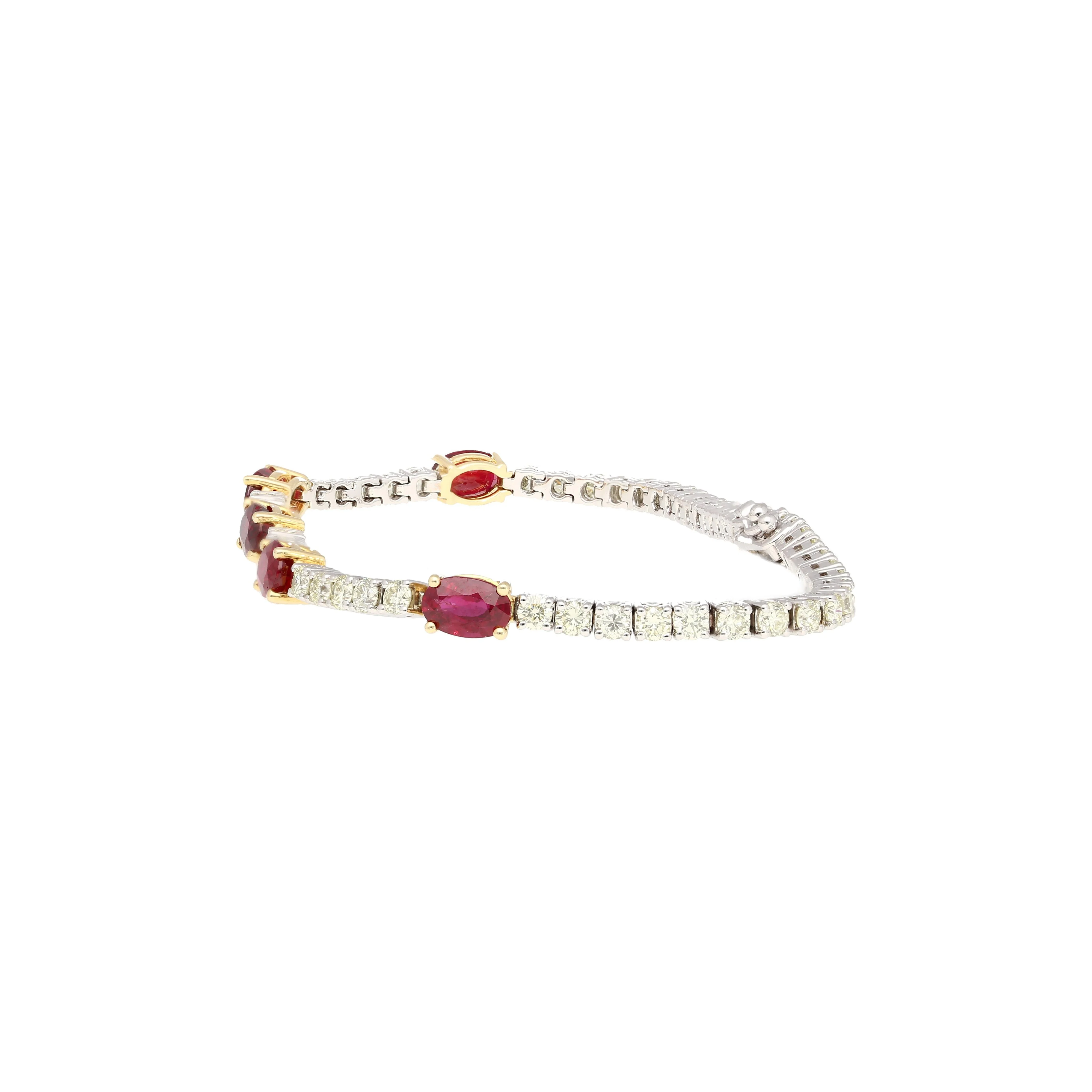 5.54 Carat Oval Cut Ruby and Diamond Tennis Bracelet in Two Tone 18K Gold - Image 3