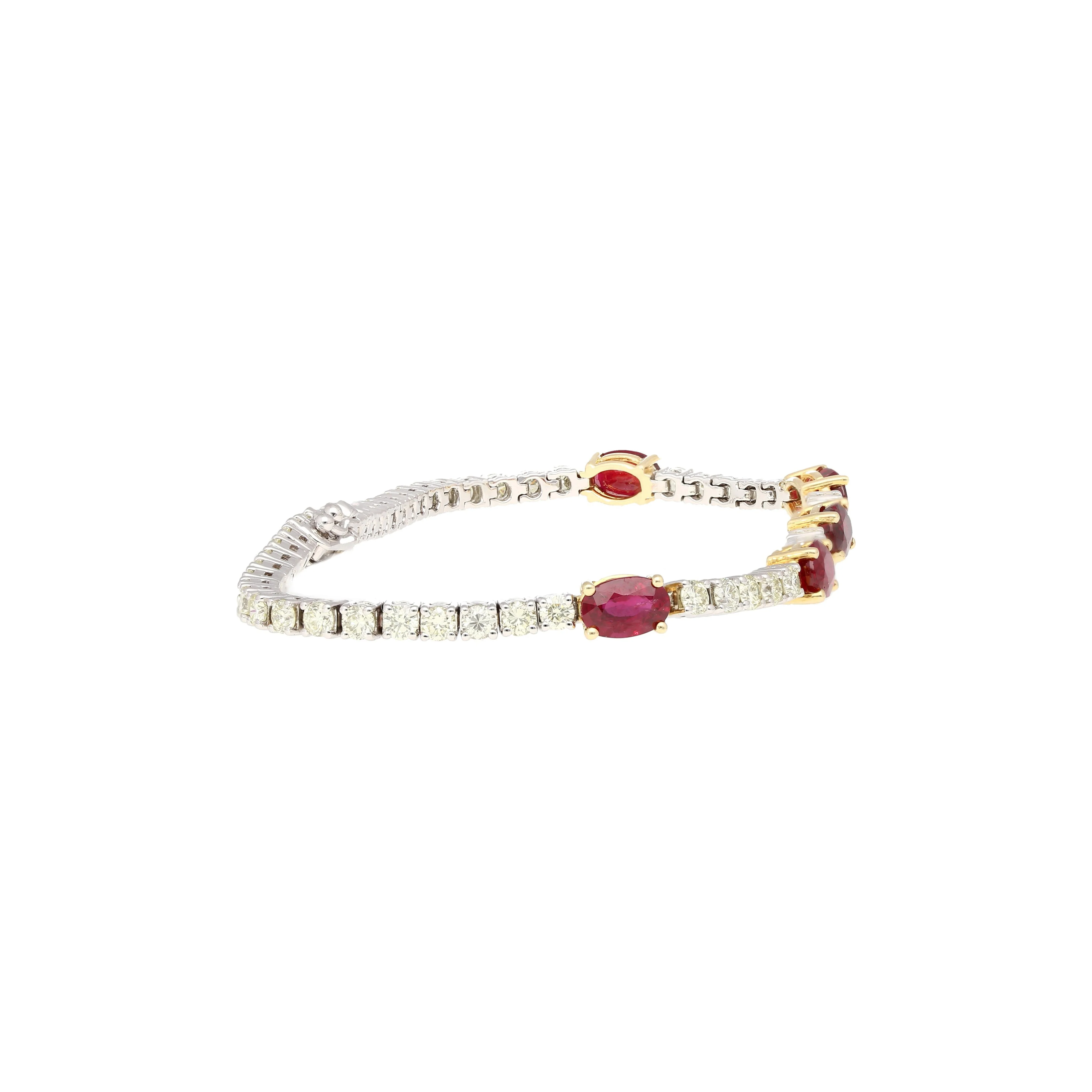 5.54 Carat Oval Cut Ruby and Diamond Tennis Bracelet in Two Tone 18K Gold - Image 4