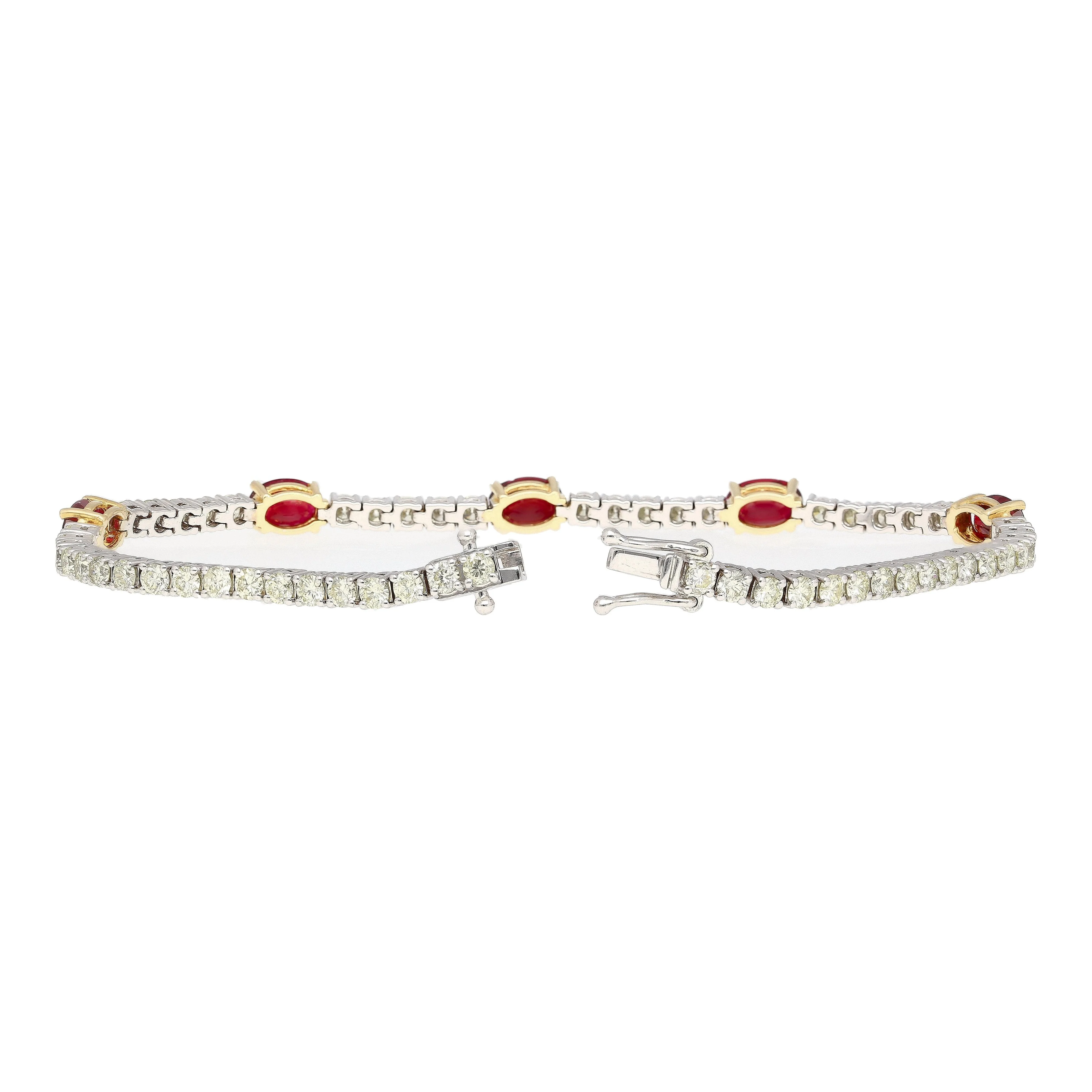 5.54 Carat Oval Cut Ruby and Diamond Tennis Bracelet in Two Tone 18K Gold - Image 5