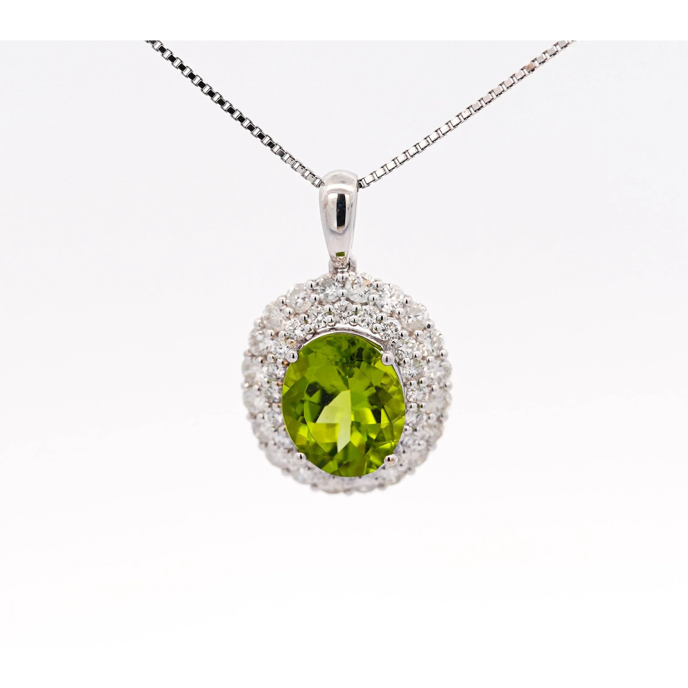 5.03 Carat Oval Cut Peridot Pendant with Round Cut Diamond Halo in 18K White Gold - Image 4