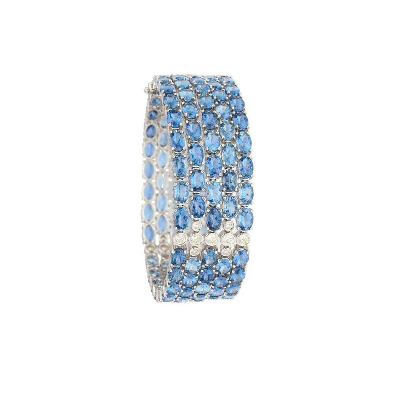 53 Carat Oval Cut Aquamarine and Diamond Multi Row Tennis Bracelet in 18K White Gold - Image 3