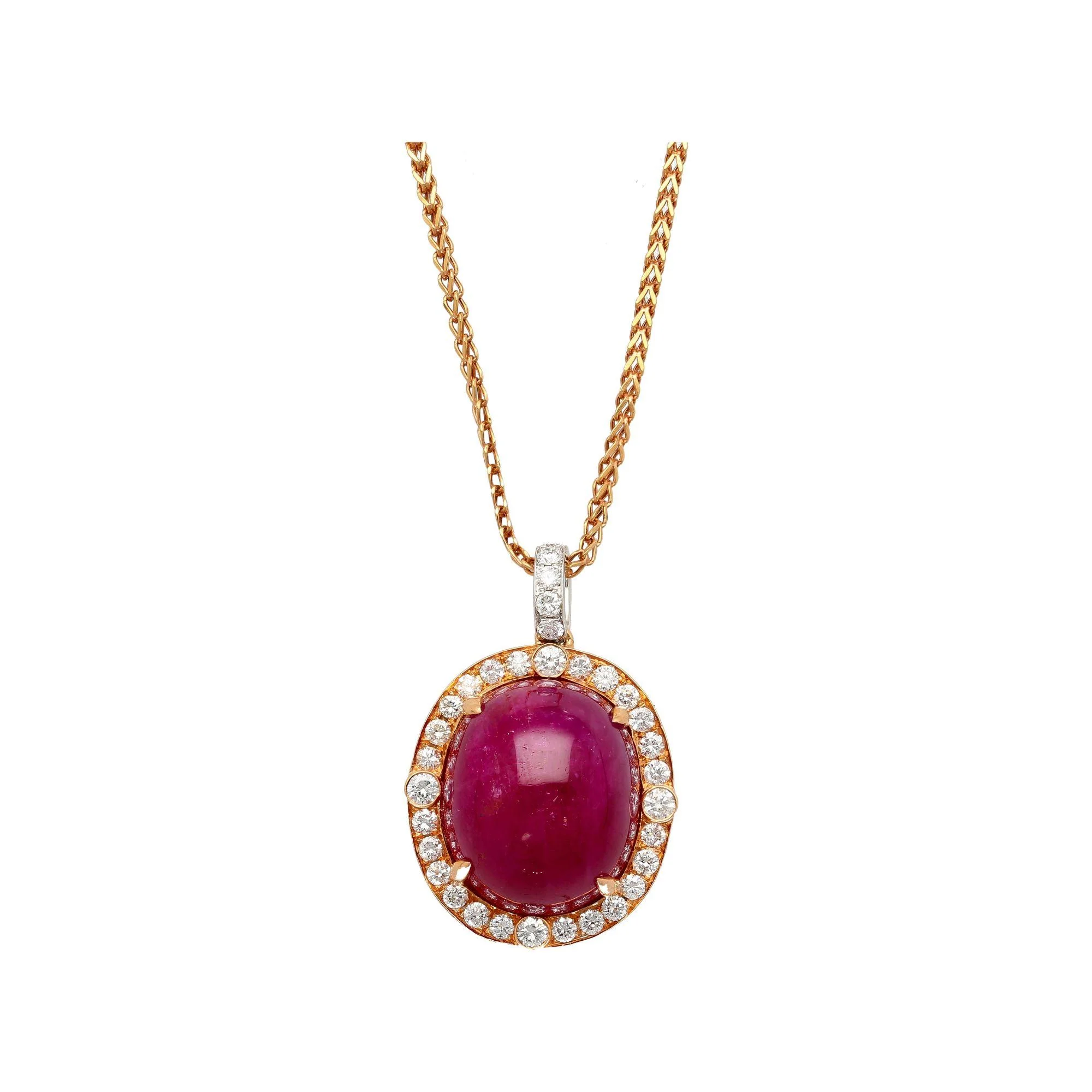57.95 Carat Cabochon Cut Deep Pink Ruby & Diamond Halo Earrings & Necklace Set - Image 3