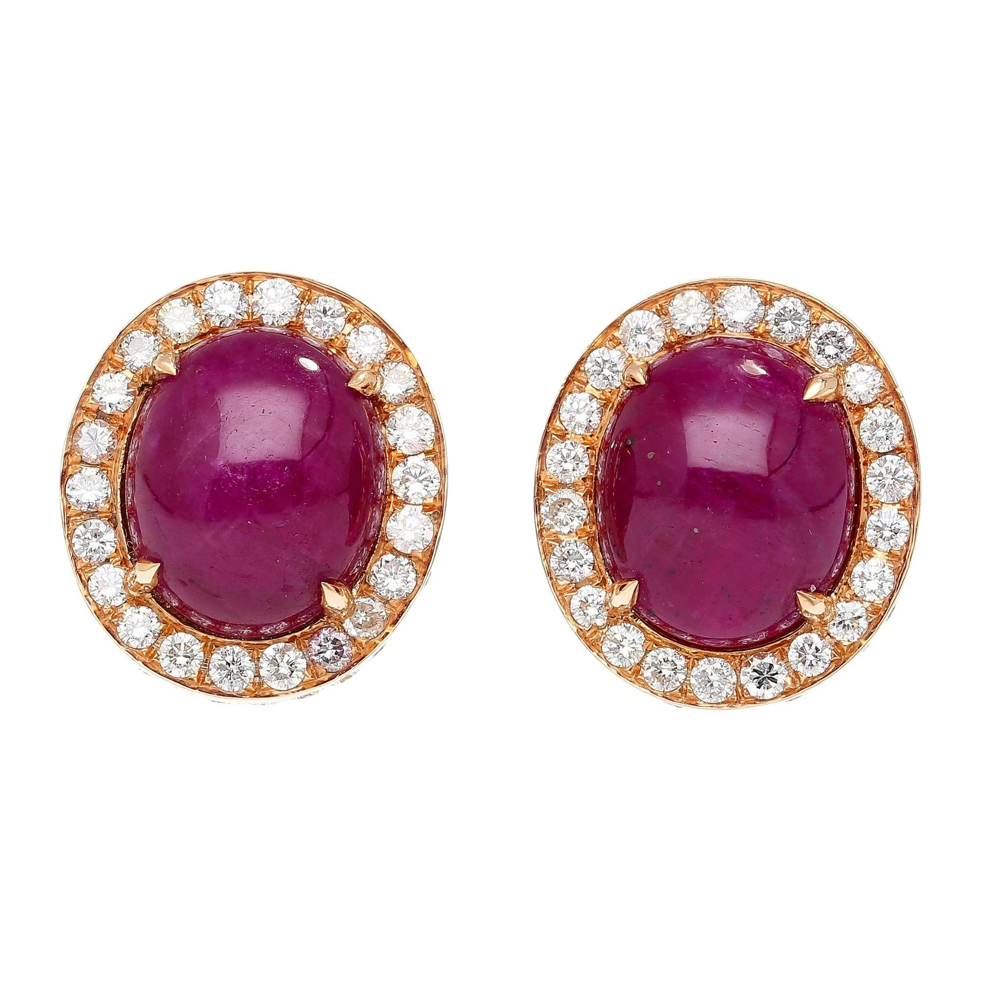 57.95 Carat Cabochon Cut Deep Pink Ruby & Diamond Halo Earrings & Necklace Set - Image 4