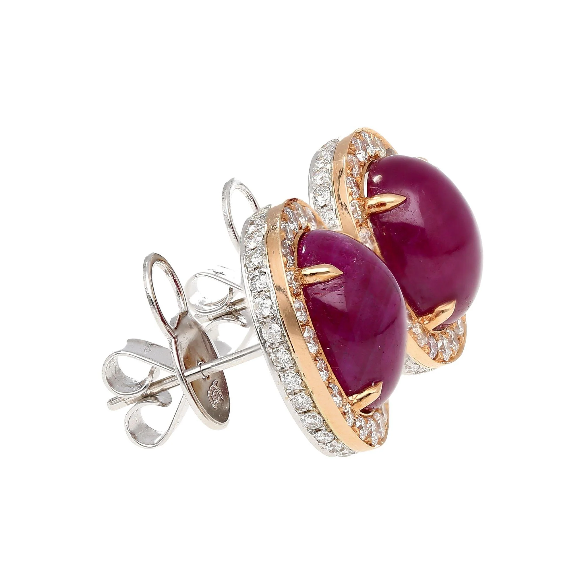 57.95 Carat Cabochon Cut Deep Pink Ruby & Diamond Halo Earrings & Necklace Set - Image 5