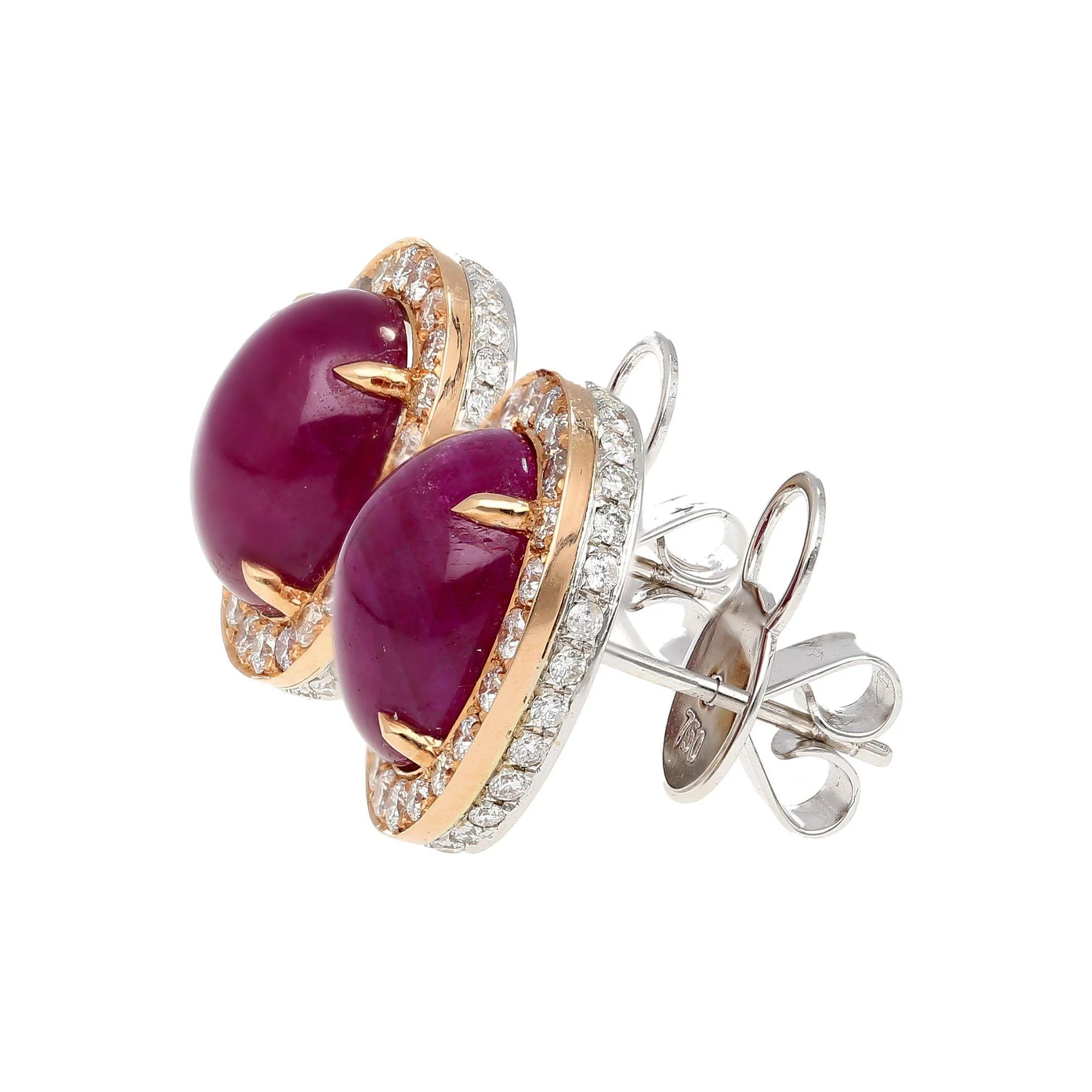 57.95 Carat Cabochon Cut Deep Pink Ruby & Diamond Halo Earrings & Necklace Set - Image 6