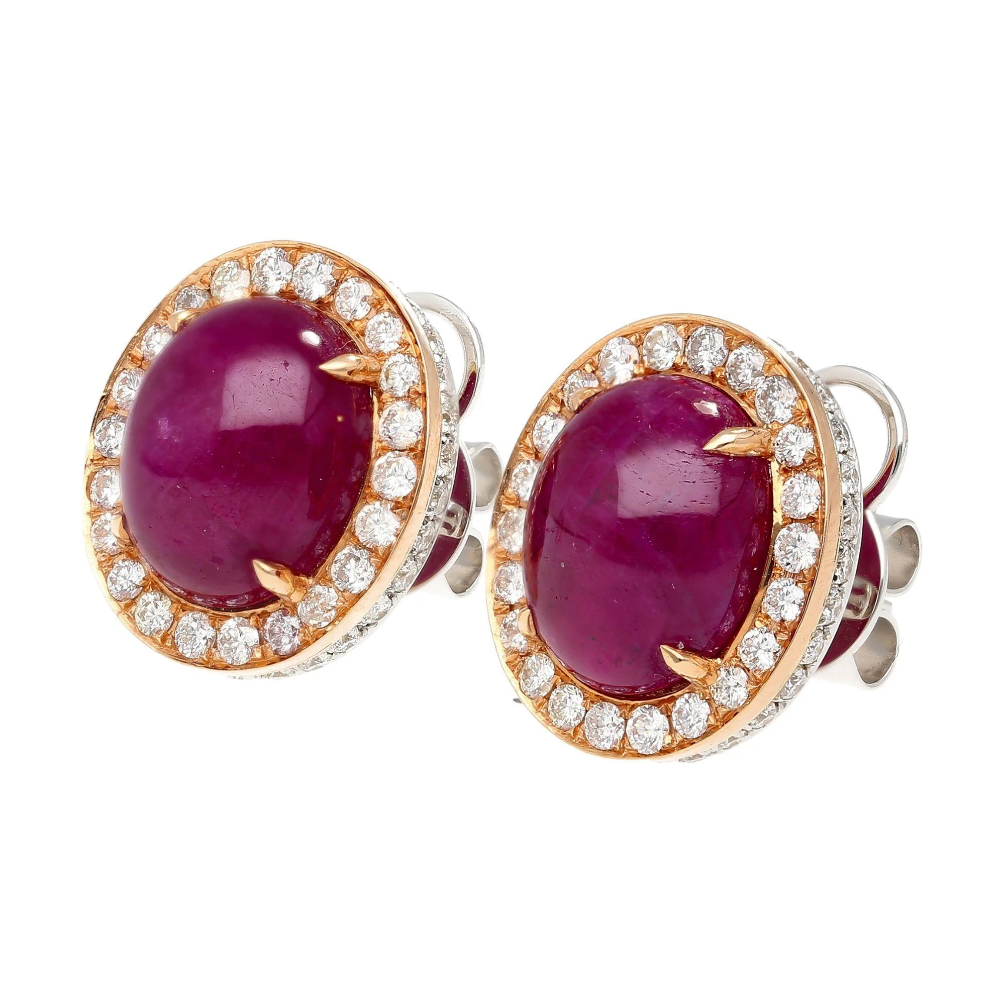 57.95 Carat Cabochon Cut Deep Pink Ruby & Diamond Halo Earrings & Necklace Set - Image 7