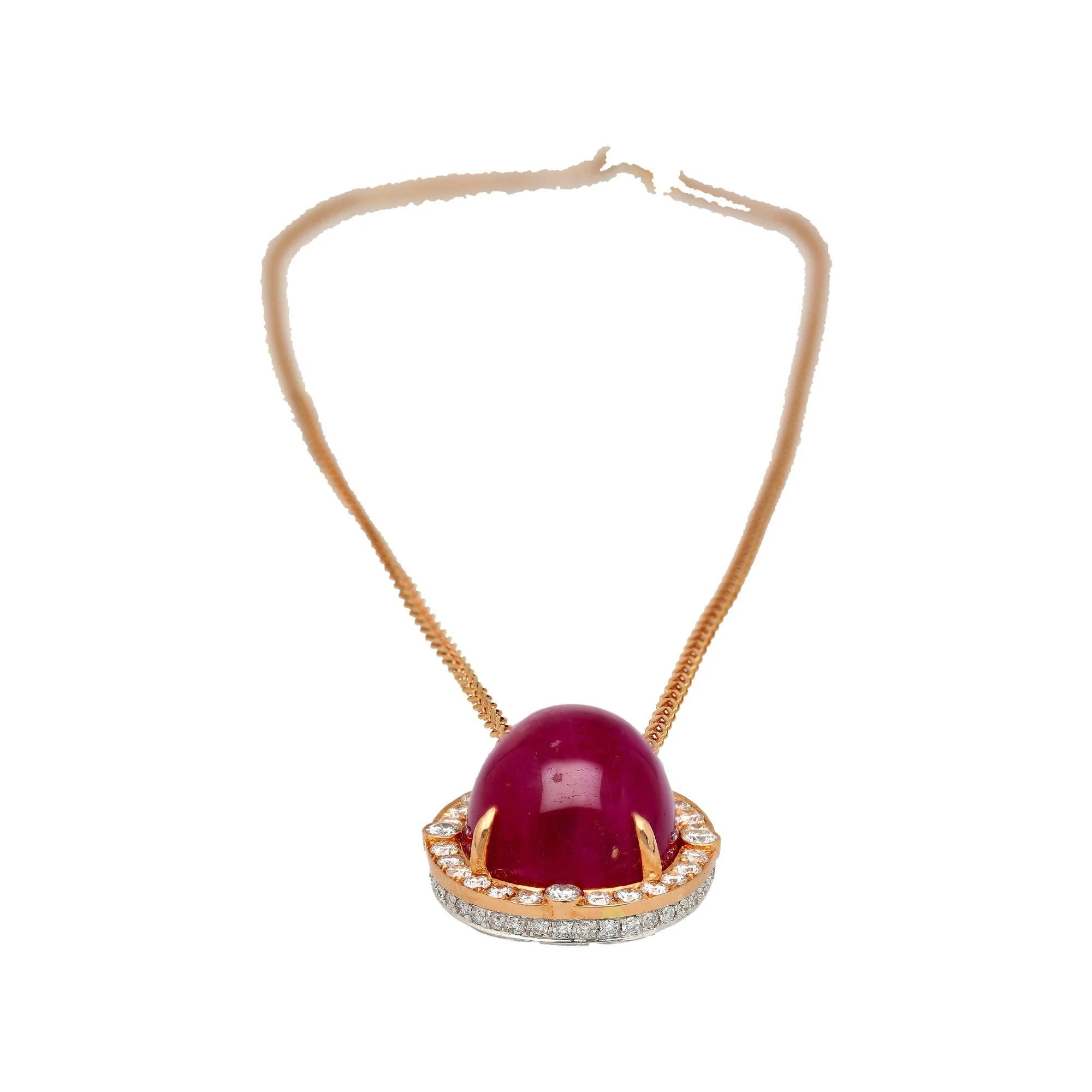 57.95 Carat Cabochon Cut Deep Pink Ruby & Diamond Halo Earrings & Necklace Set - Image 9