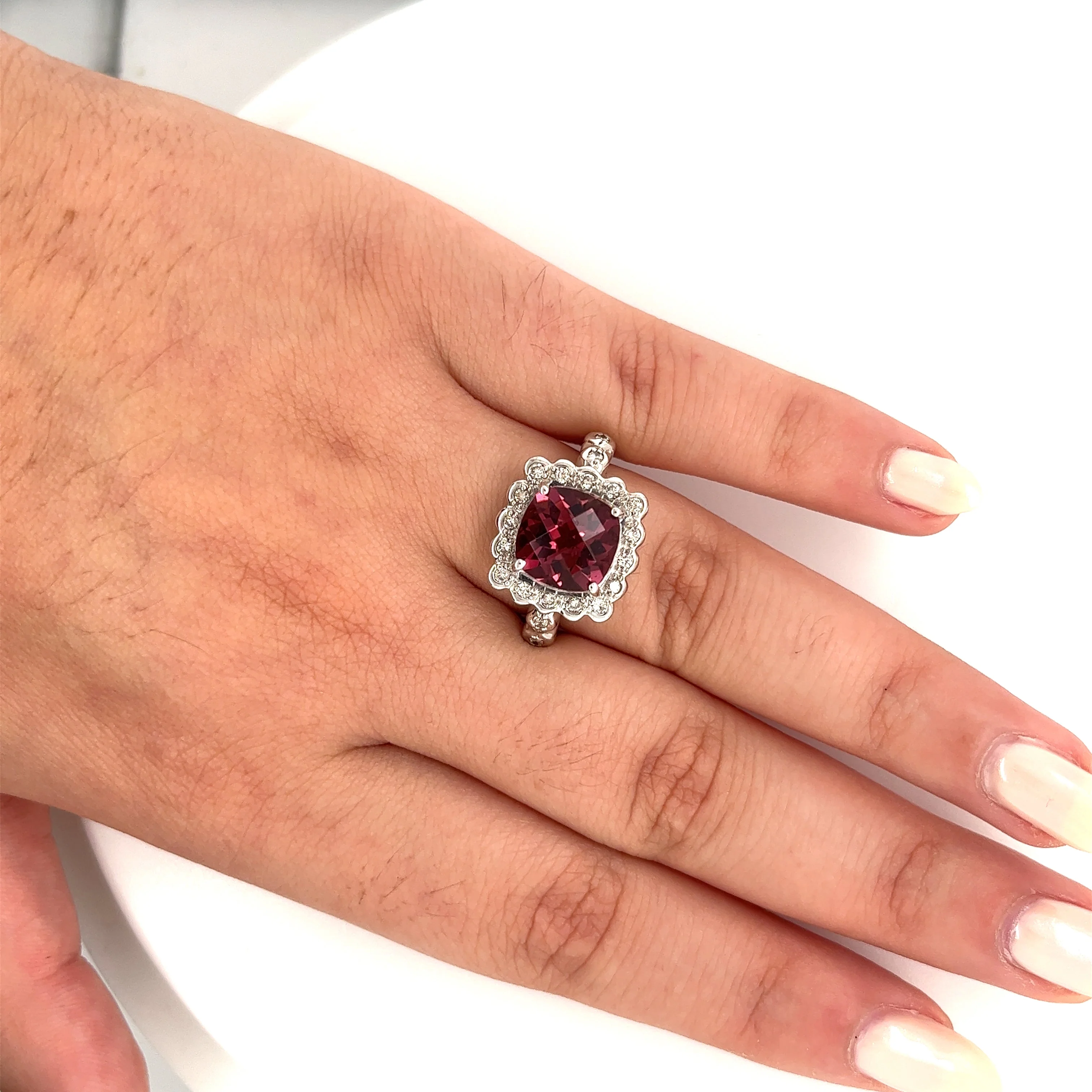 5.20 Carat Cushion Checkerboard Cut Pink Tourmaline & Diamond Ring in 18K White Gold - Image 5