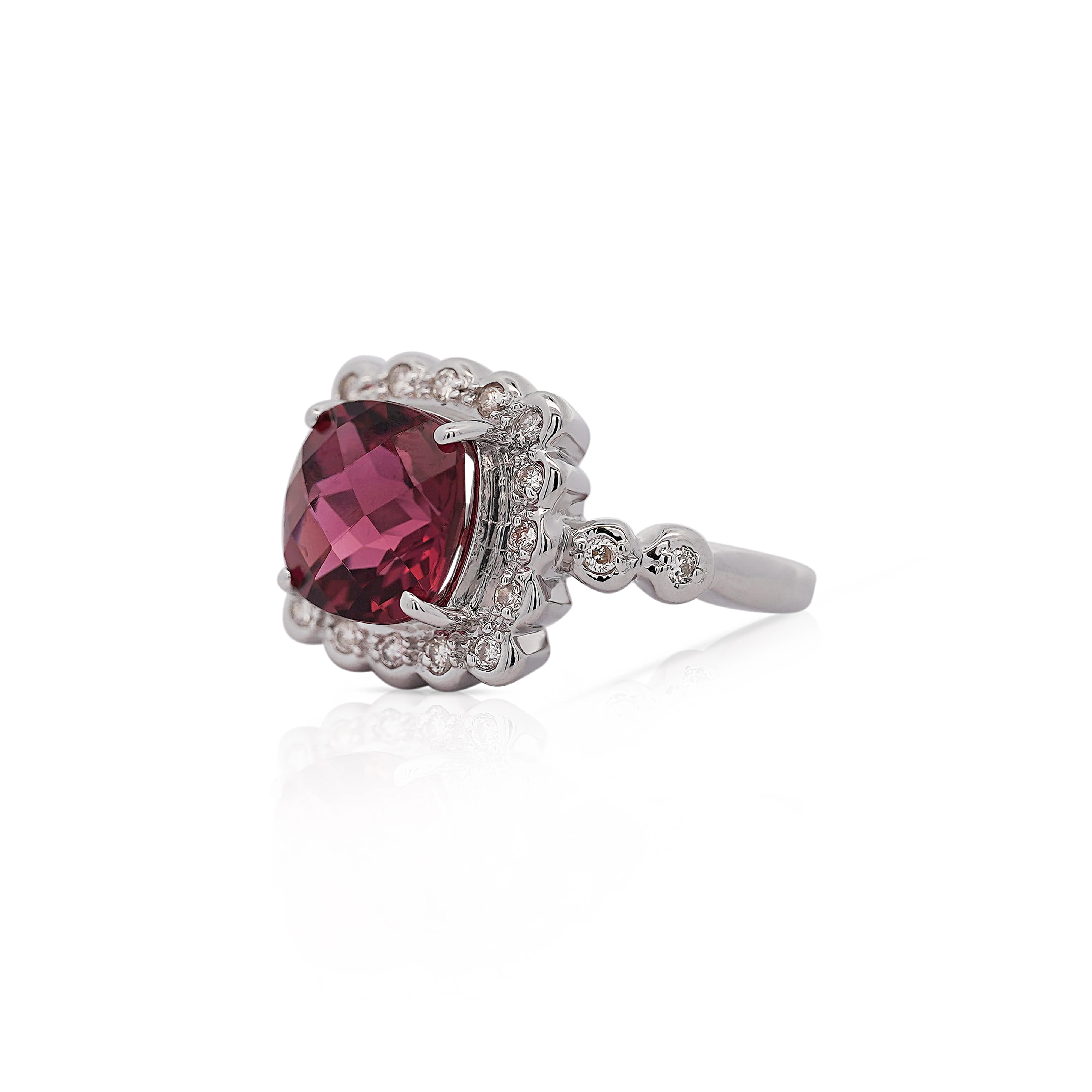 5.20 Carat Cushion Checkerboard Cut Pink Tourmaline & Diamond Ring in 18K White Gold - Image 6